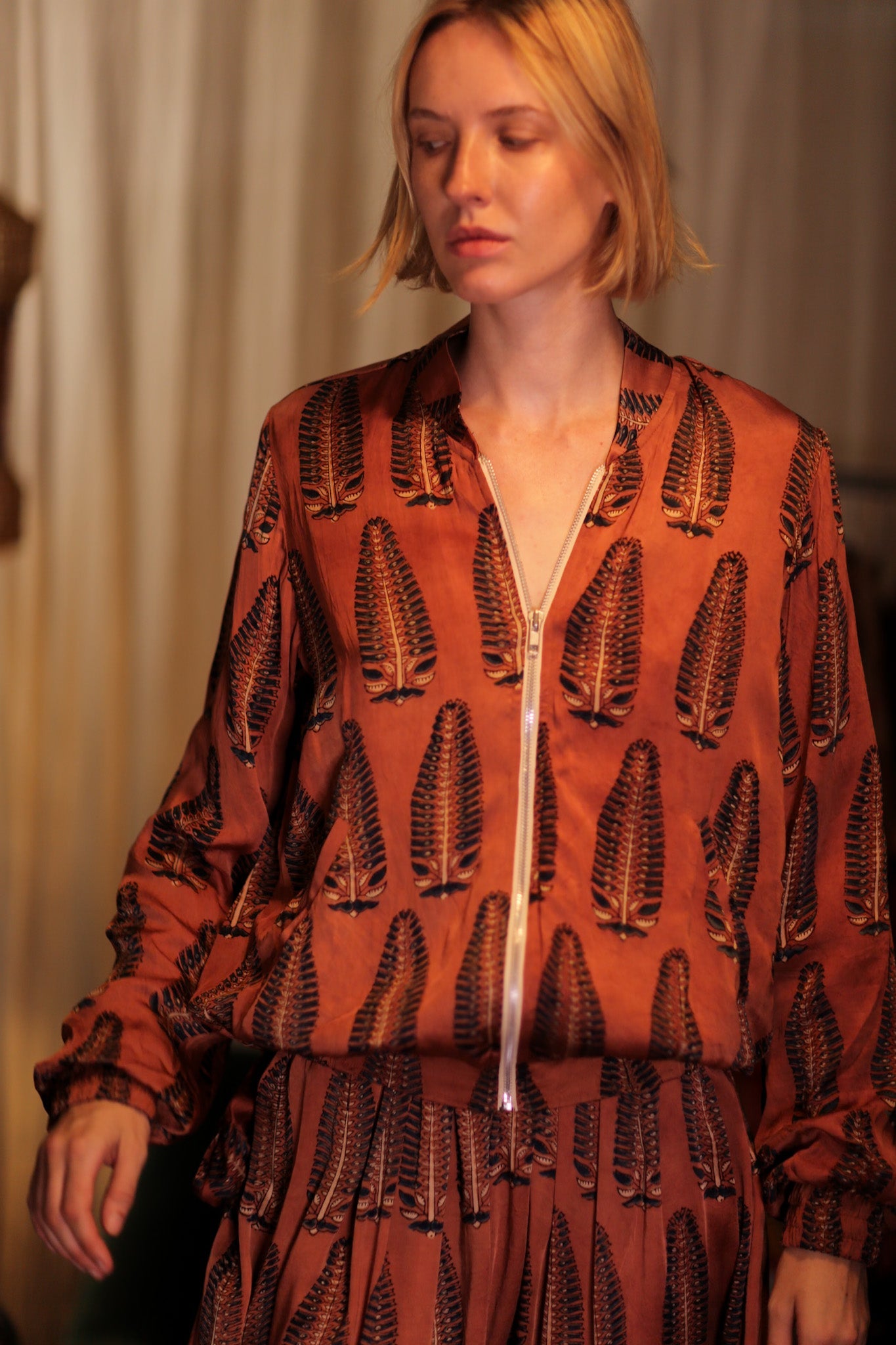 SILK BOMBER JACKET ANCHA BROWN LEAFES