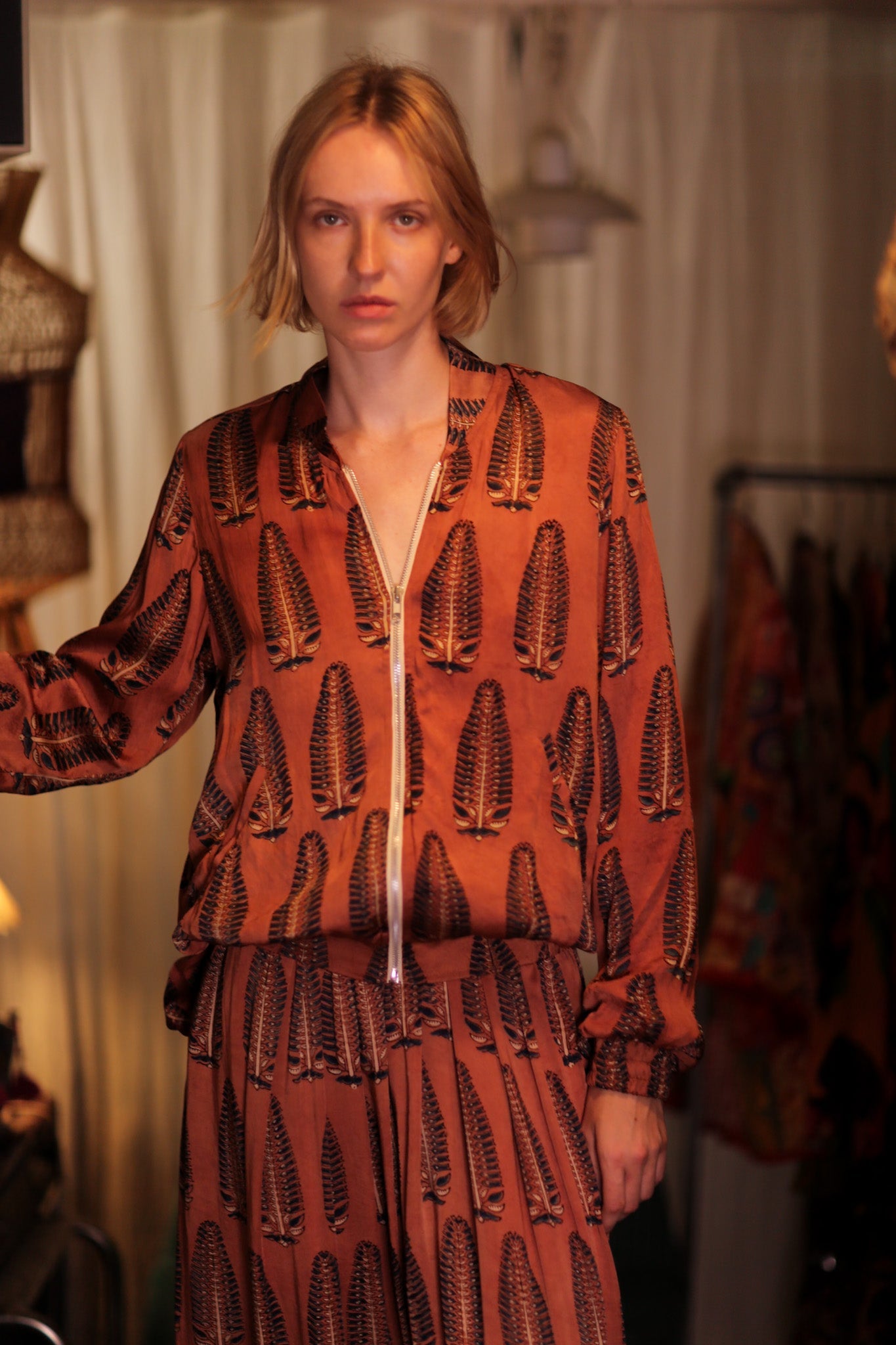 SILK BOMBER JACKET ANCHA BROWN LEAFES