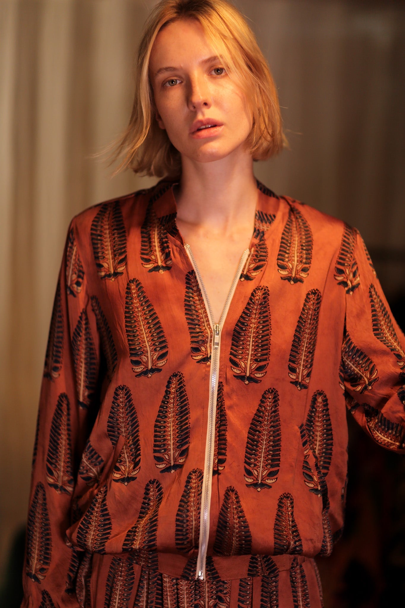 SILK BOMBER JACKET ANCHA BROWN LEAFES