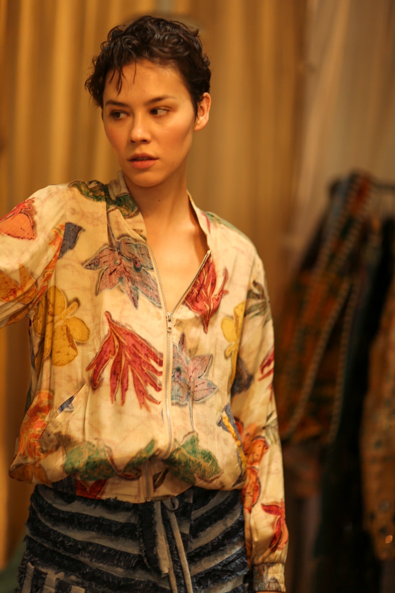 SILK BLOCK PRINT BOMBER JACKET ANCHA PRESSED FLOWERS