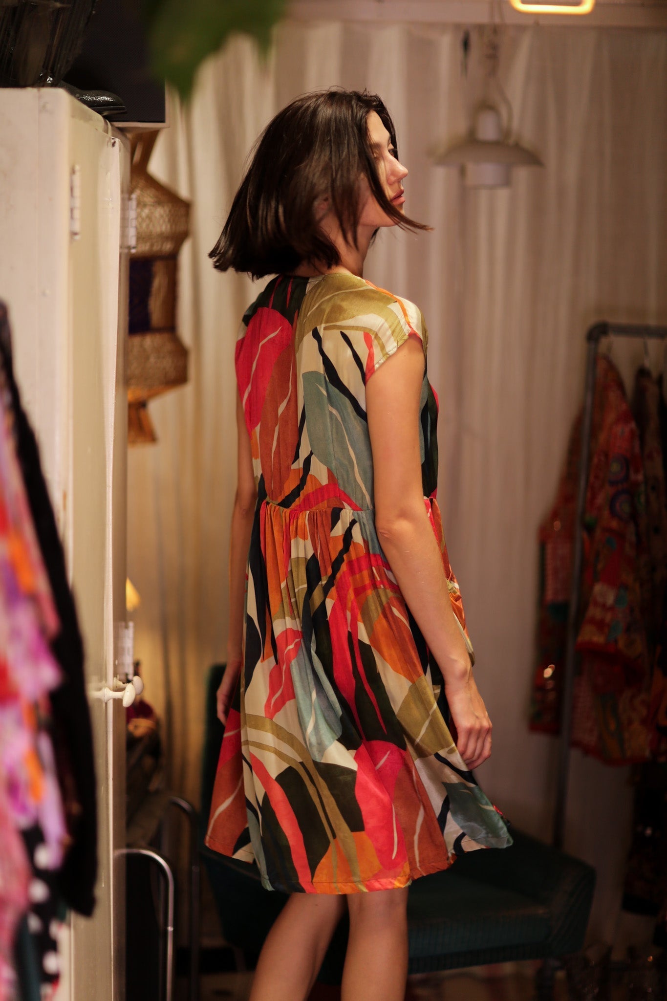 EDITH SILK DRESS COLOURED LEAVES
