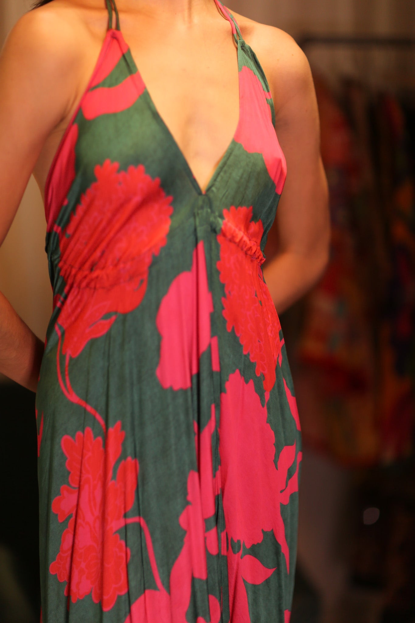 SILK DRESS HANNAH PINK GREEN TROPIC
