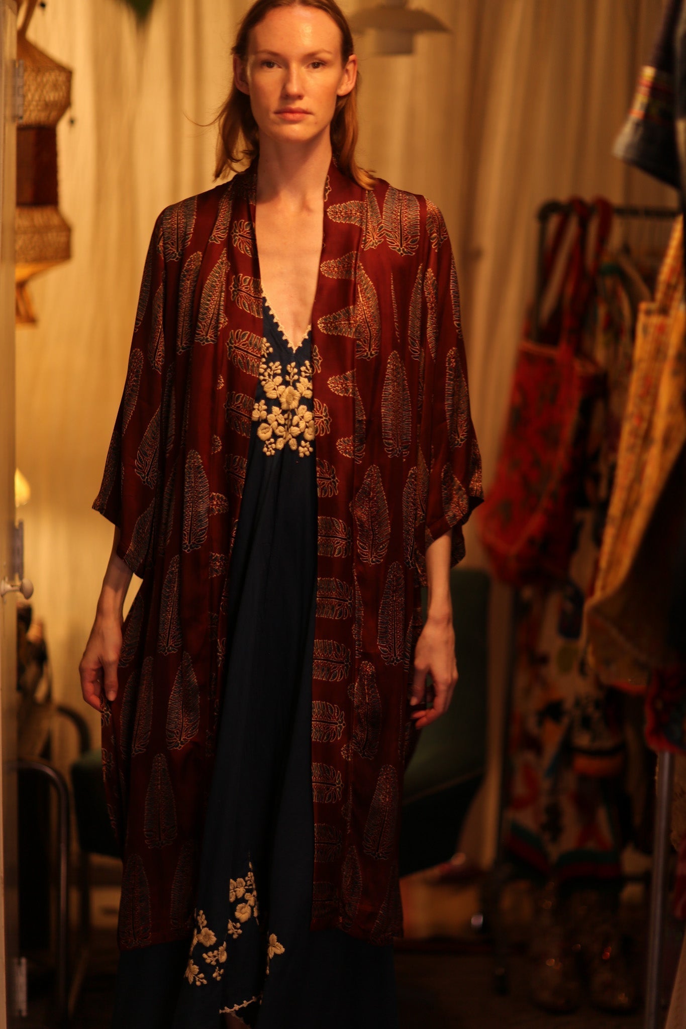 SILK KIMONO RED FEATHER