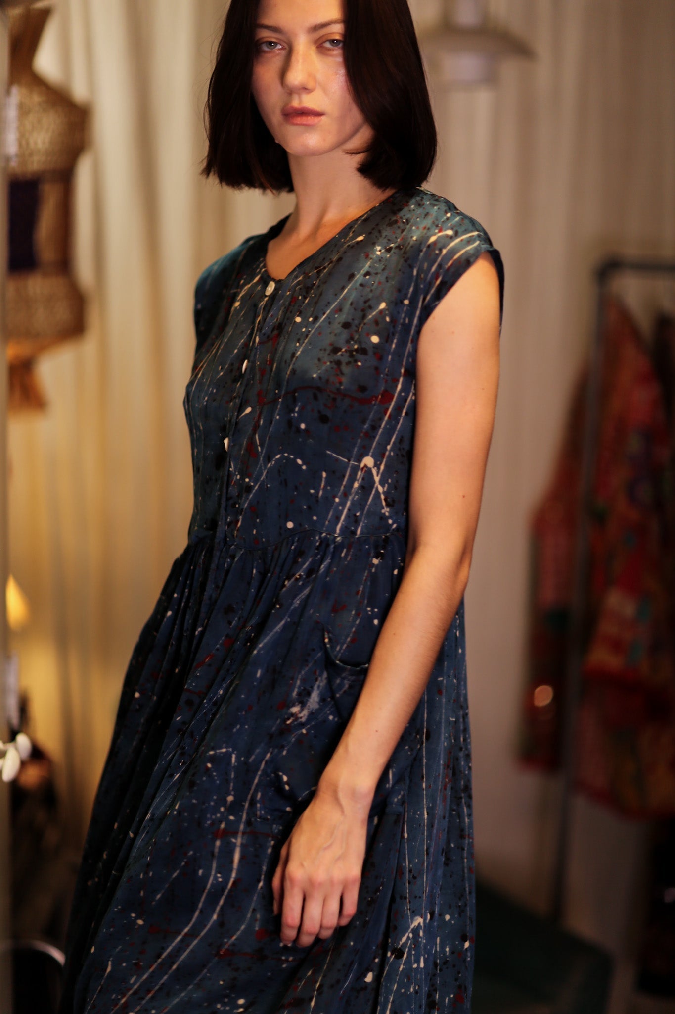 EDITH SILK DRESS BLUE PAINTER - MOMO STUDIO BERLIN - Berlin Concept Store - sustainable & ethical fashion
