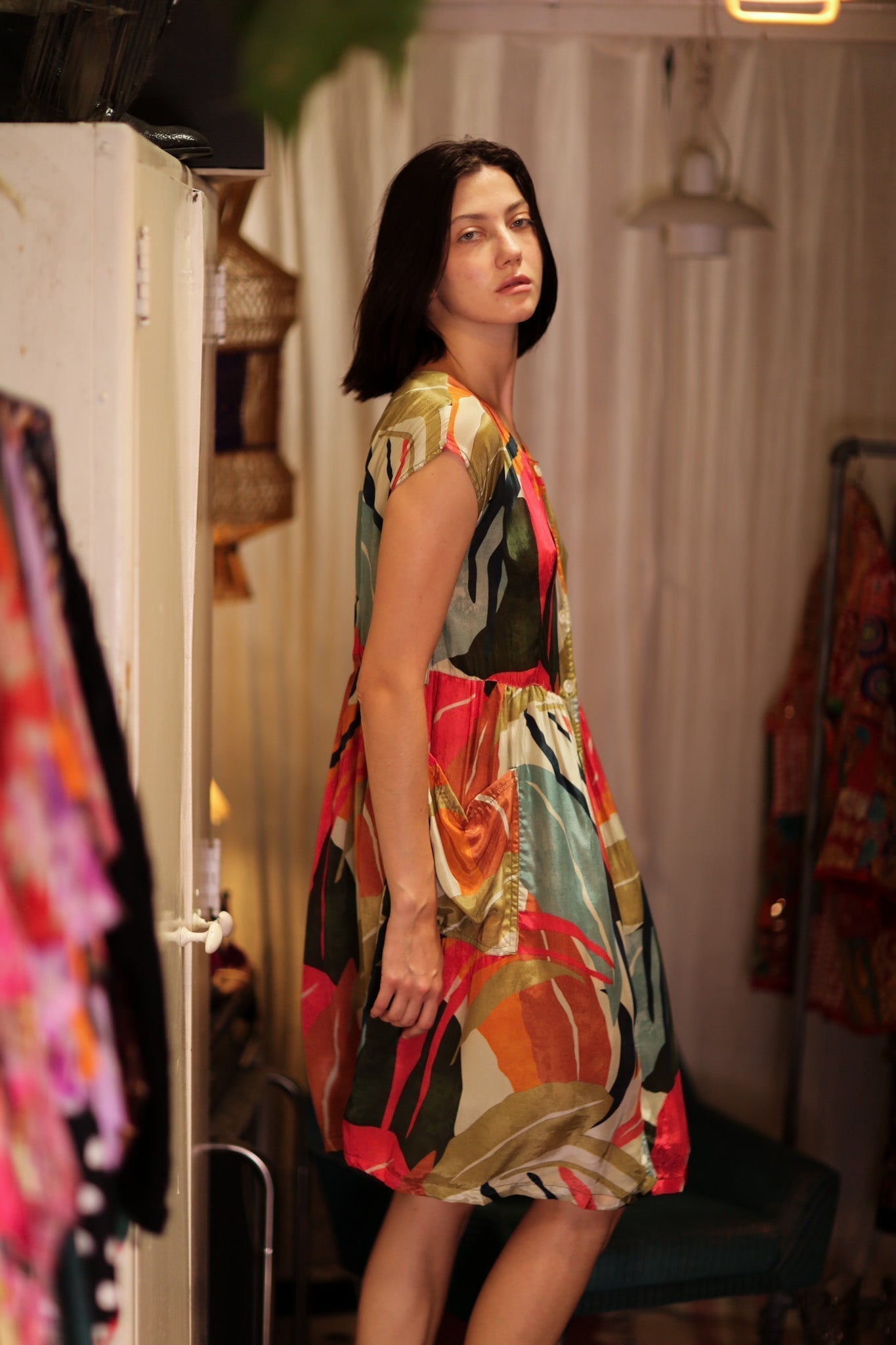 EDITH SILK DRESS COLOURED LEAVES - MOMO STUDIO BERLIN - Berlin Concept Store - sustainable & ethical fashion