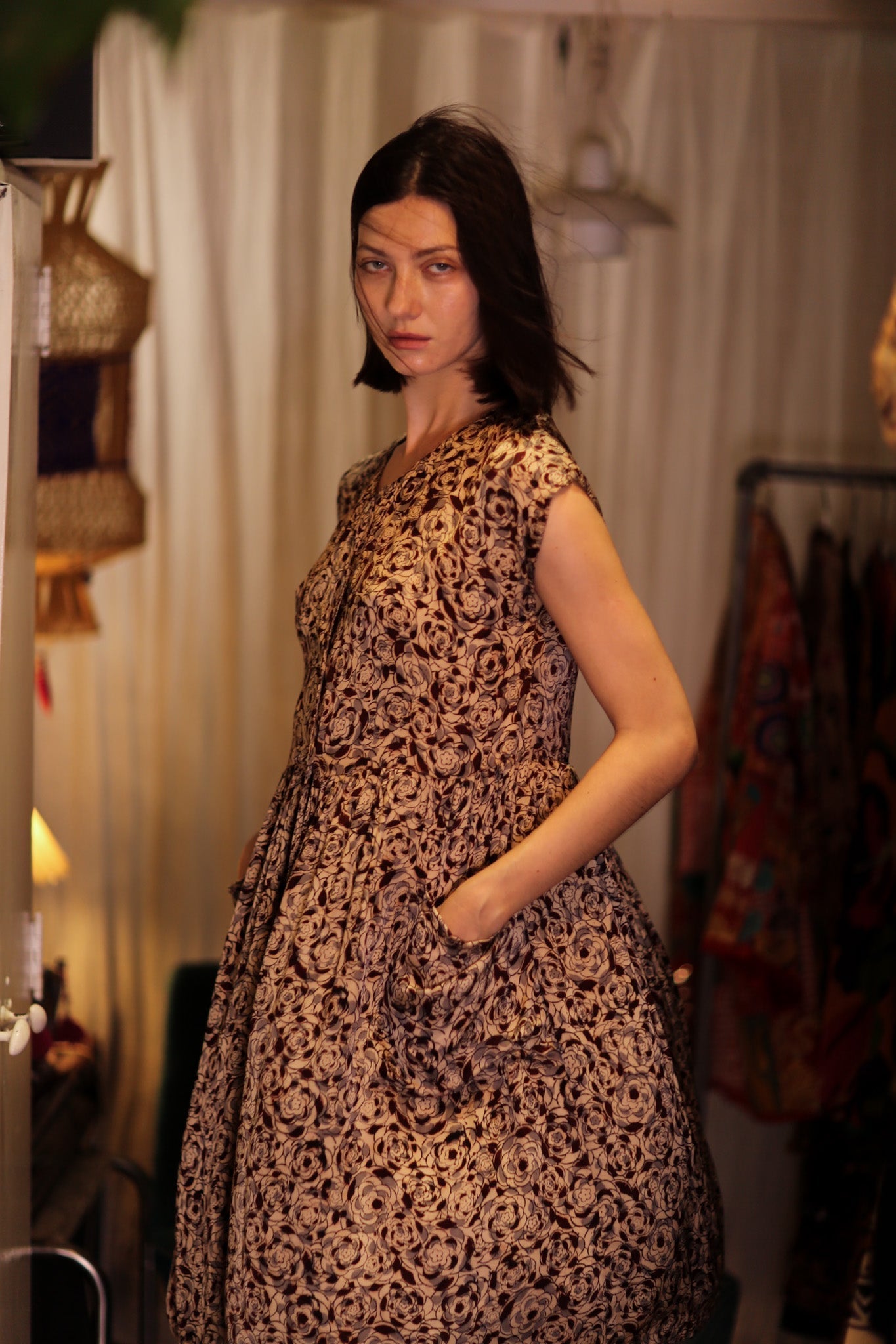 EDITH SILK DRESS GREY FLORAL - MOMO STUDIO BERLIN - Berlin Concept Store - sustainable & ethical fashion