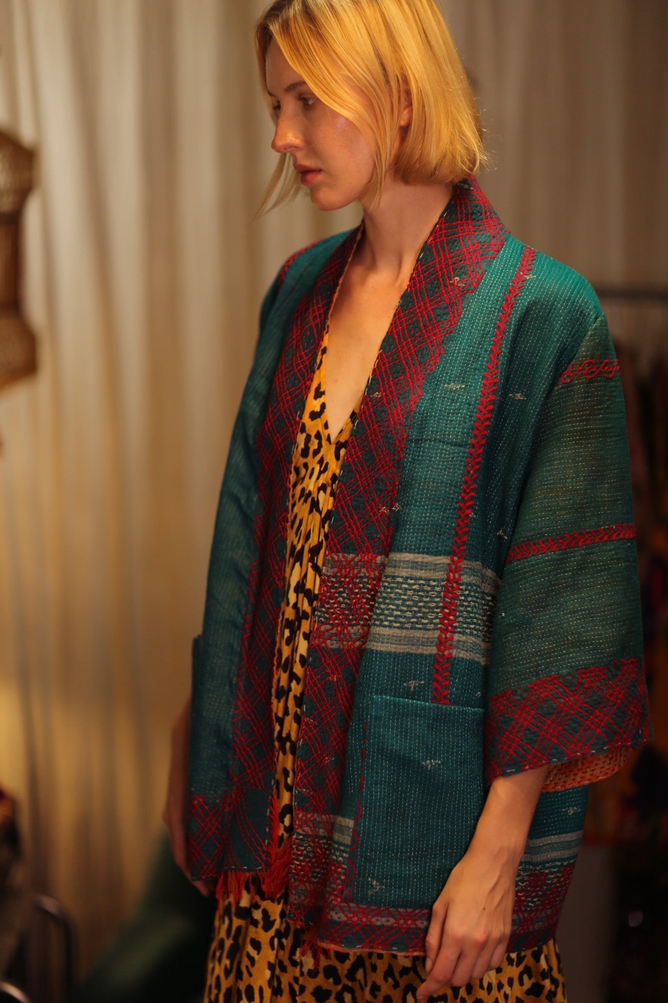 EMBROIDERED KANTHA KIMONO MONTY FOREST GREEN - MOMO STUDIO BERLIN - Berlin Concept Store - sustainable & ethical fashion