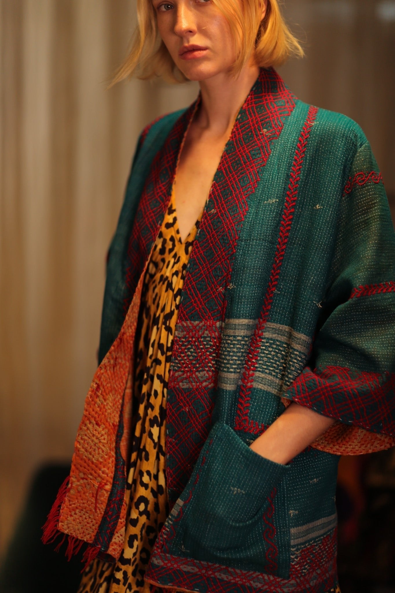 EMBROIDERED KANTHA KIMONO MONTY FOREST GREEN - MOMO STUDIO BERLIN - Berlin Concept Store - sustainable & ethical fashion