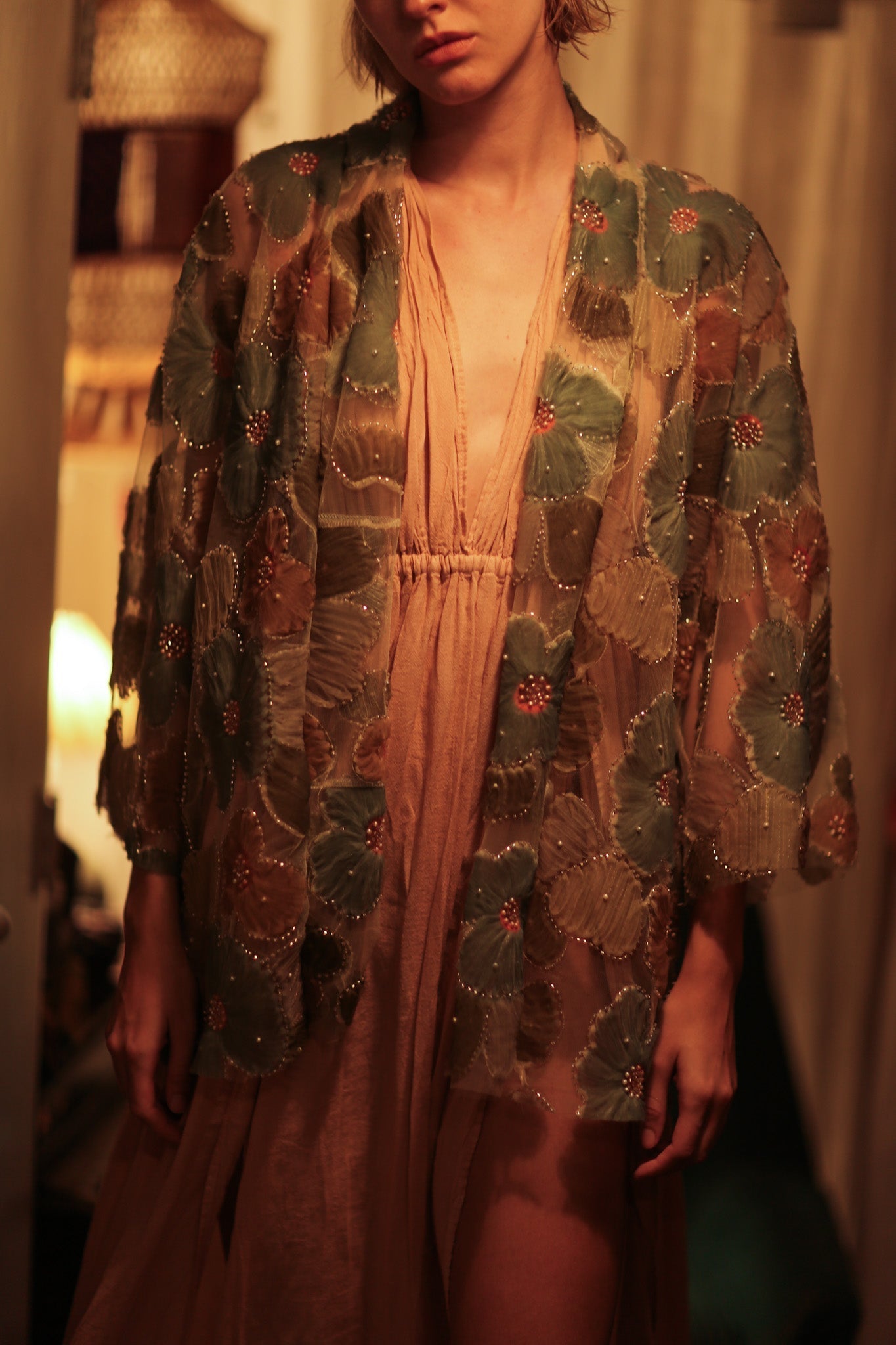FLO SEQUINED EMBROIDERED SHORT KIMONO BLUE - MOMO STUDIO BERLIN - Berlin Concept Store - sustainable & ethical fashion
