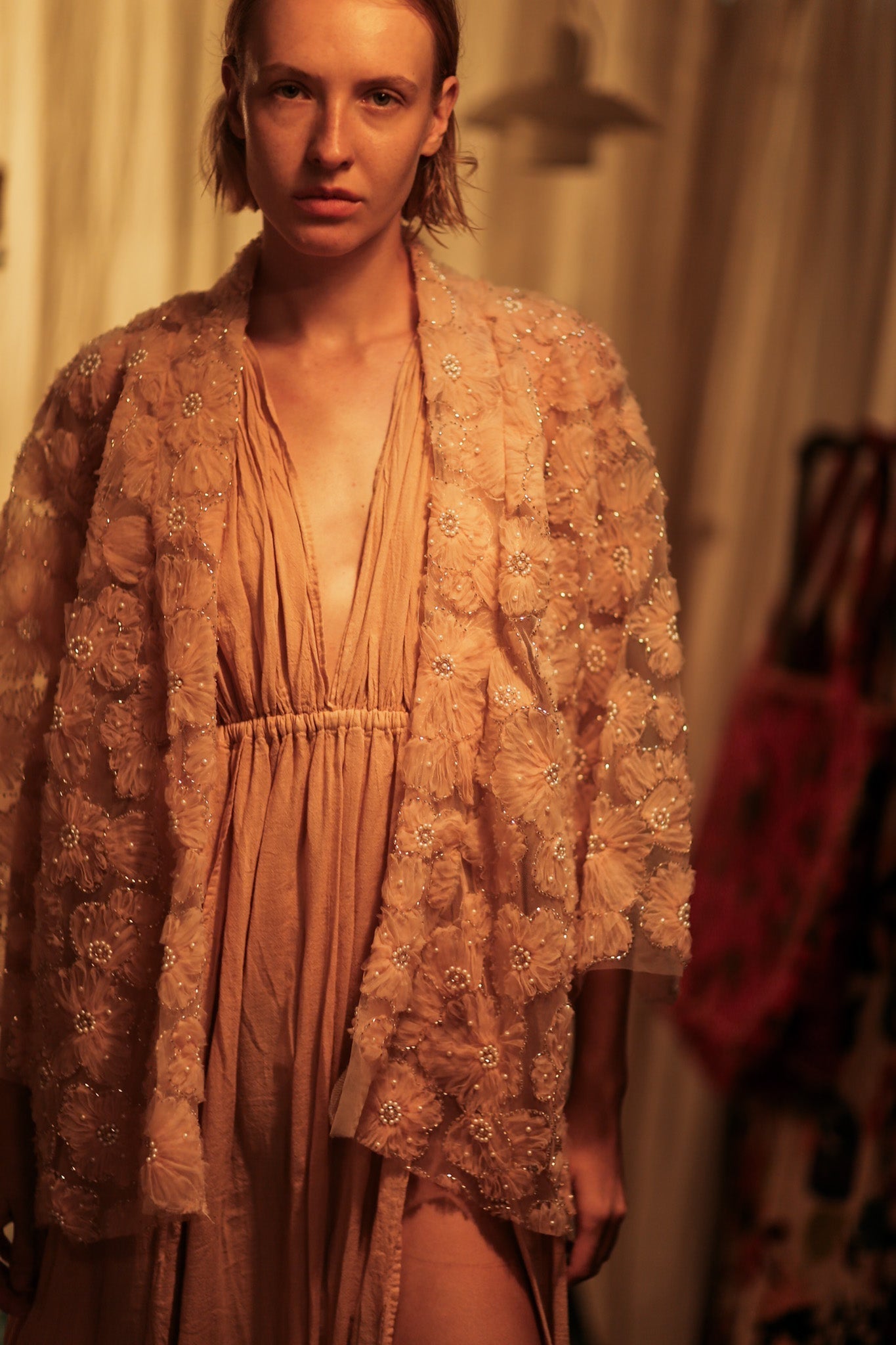 FLO SEQUINED EMBROIDERED SHORT KIMONO PASTEL PINK - MOMO STUDIO BERLIN - Berlin Concept Store - sustainable & ethical fashion
