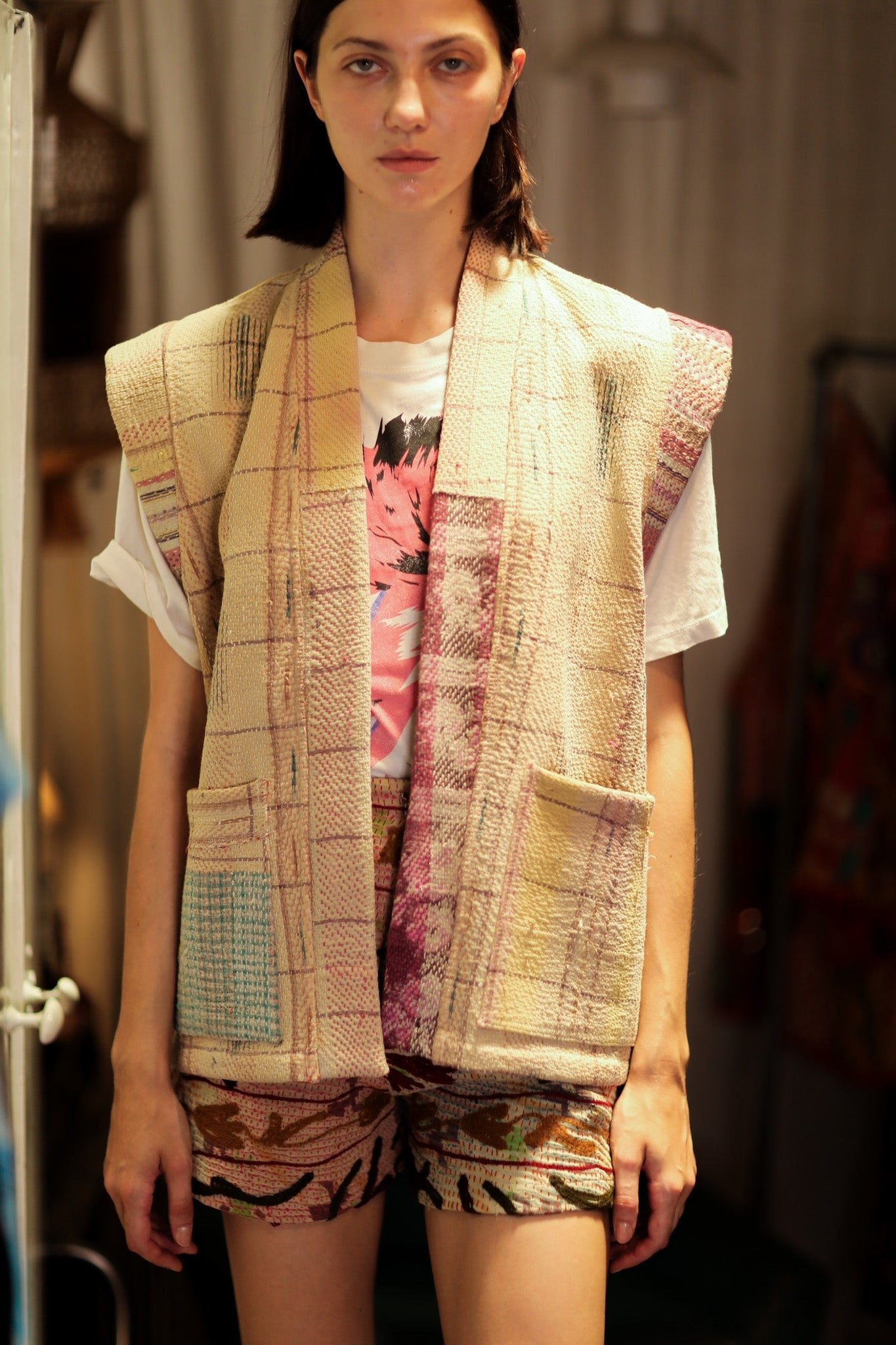 KANTHA GILET VEST BANANA CHECKS - MOMO STUDIO BERLIN - Berlin Concept Store - sustainable & ethical fashion