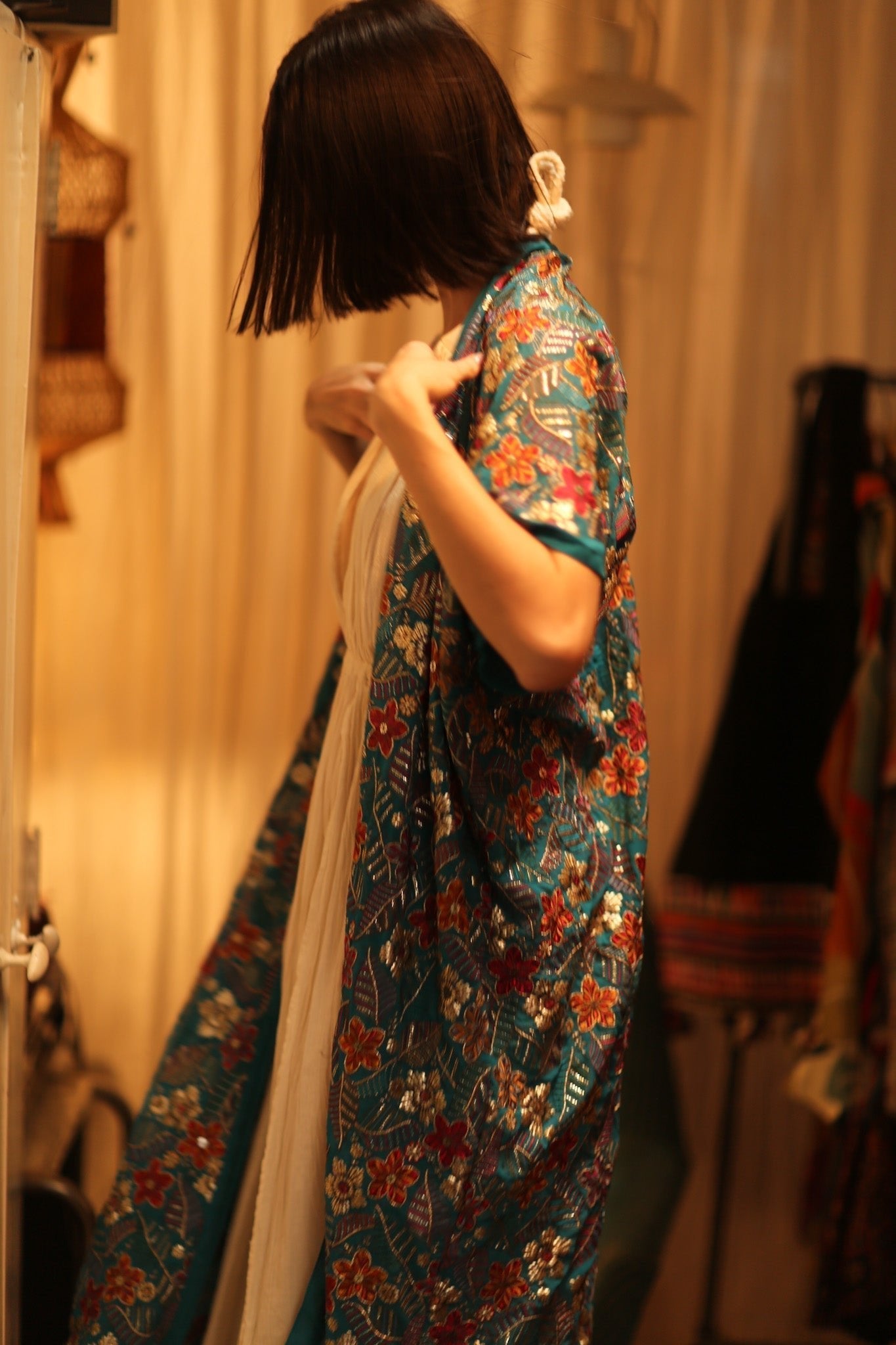 NIKITA TURQUOISE EMBROIDERED SILK KIMONO - MOMO STUDIO BERLIN - Berlin Concept Store - sustainable & ethical fashion