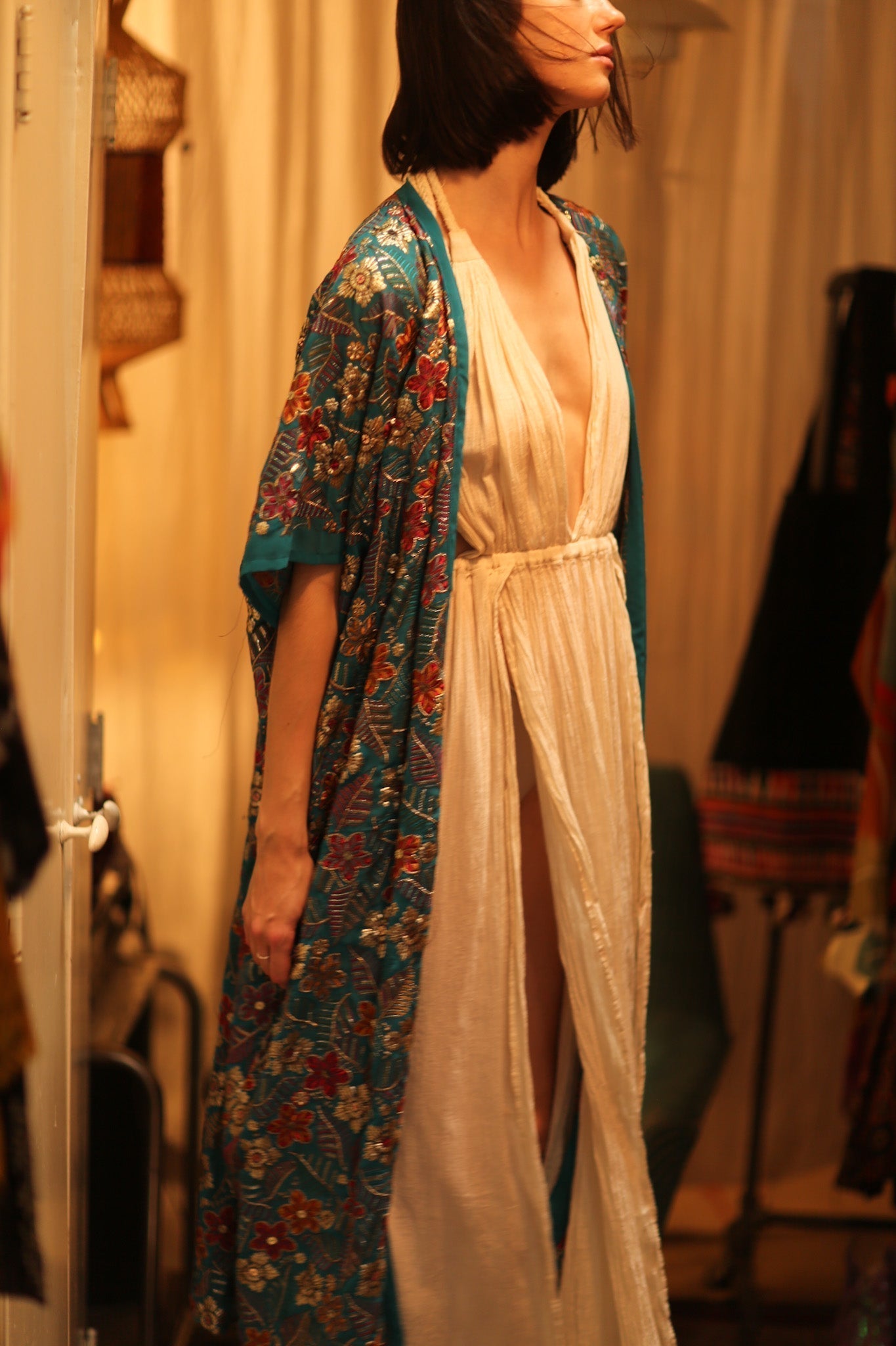 NIKITA TURQUOISE EMBROIDERED SILK KIMONO - MOMO STUDIO BERLIN - Berlin Concept Store - sustainable & ethical fashion