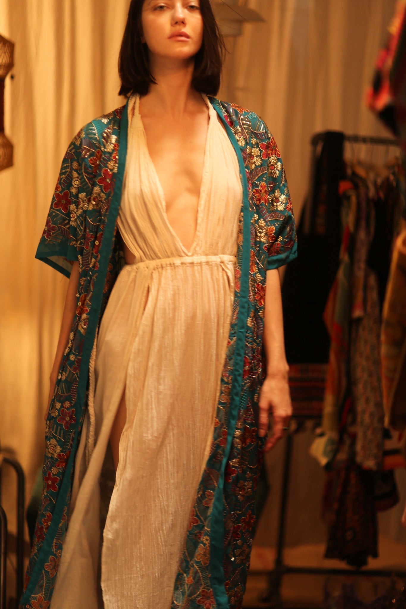 NIKITA TURQUOISE EMBROIDERED SILK KIMONO - MOMO STUDIO BERLIN - Berlin Concept Store - sustainable & ethical fashion