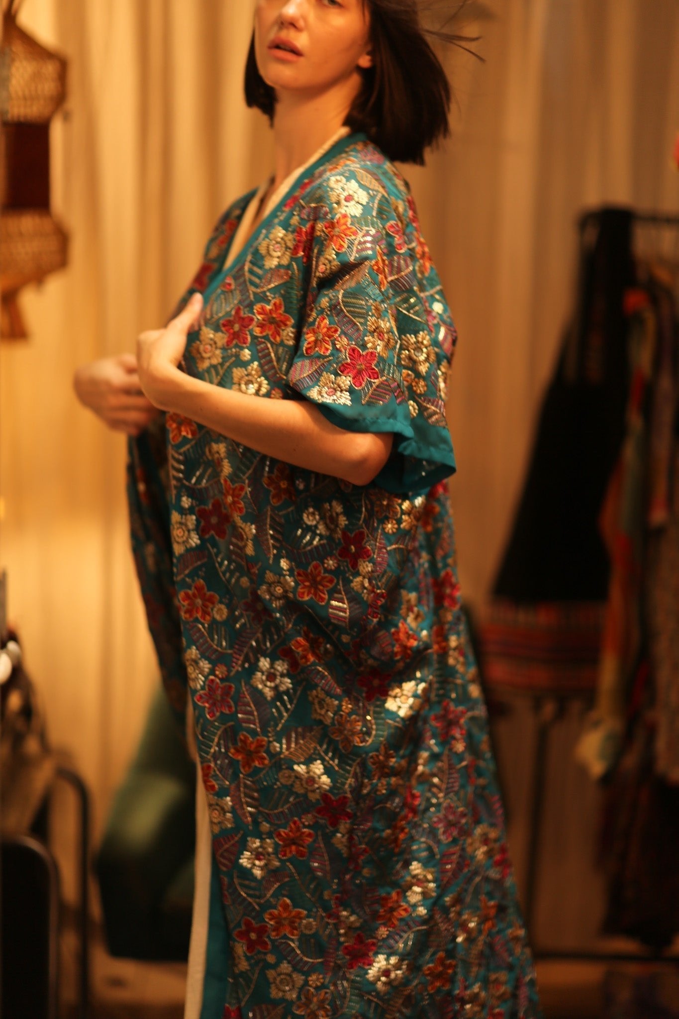 NIKITA TURQUOISE EMBROIDERED SILK KIMONO - MOMO STUDIO BERLIN - Berlin Concept Store - sustainable & ethical fashion