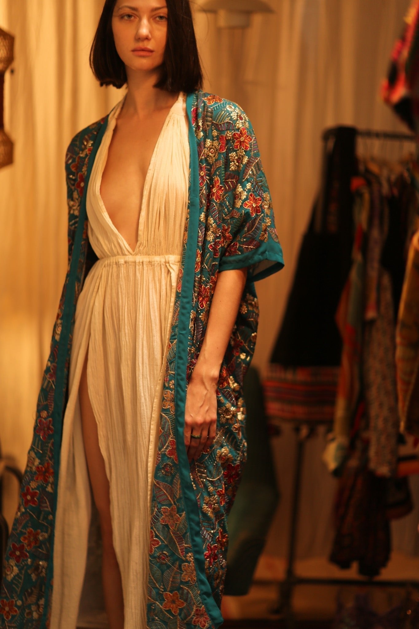 NIKITA TURQUOISE EMBROIDERED SILK KIMONO - MOMO STUDIO BERLIN - Berlin Concept Store - sustainable & ethical fashion