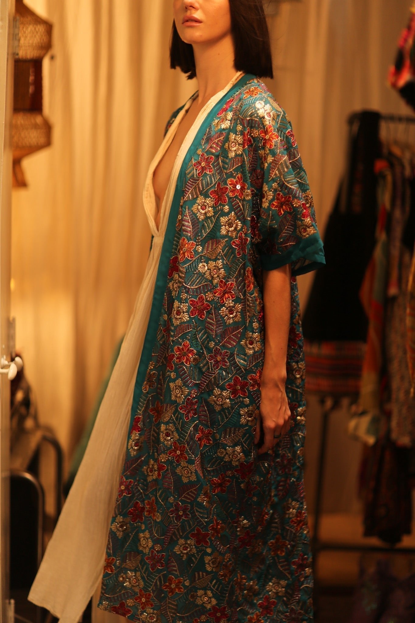 NIKITA TURQUOISE EMBROIDERED SILK KIMONO - MOMO STUDIO BERLIN - Berlin Concept Store - sustainable & ethical fashion