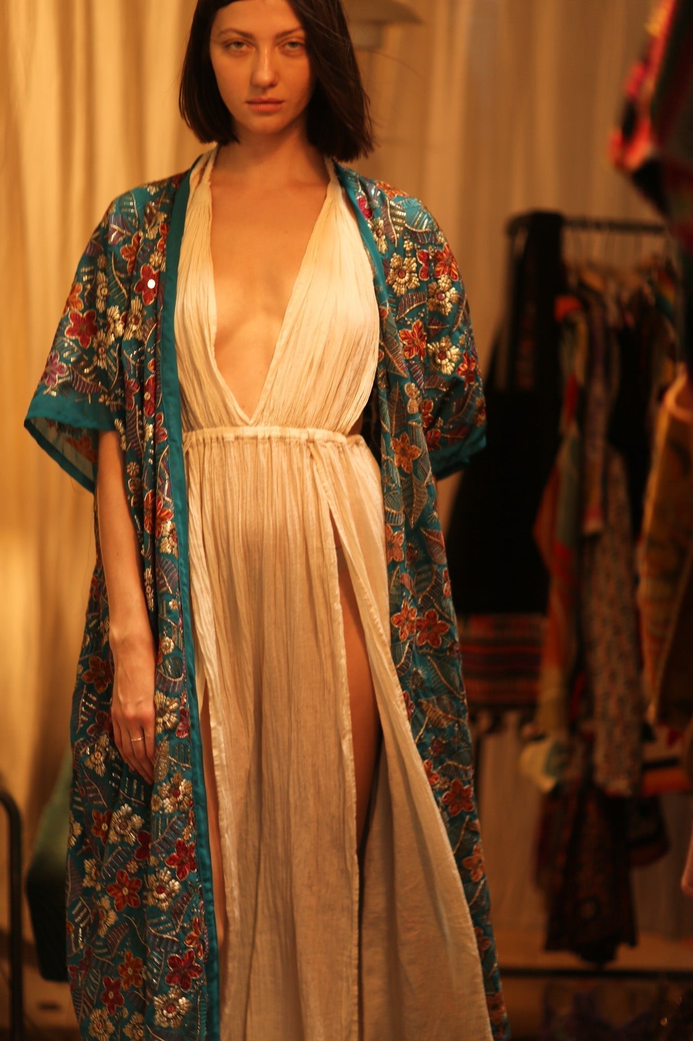 NIKITA TURQUOISE EMBROIDERED SILK KIMONO - MOMO STUDIO BERLIN - Berlin Concept Store - sustainable & ethical fashion
