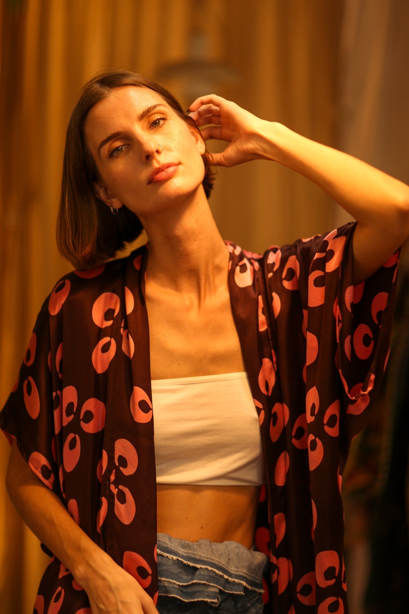 SILK KIMONO BROWN LITTLE PINK FLOWER - MOMO STUDIO BERLIN - Berlin Concept Store - sustainable & ethical fashion