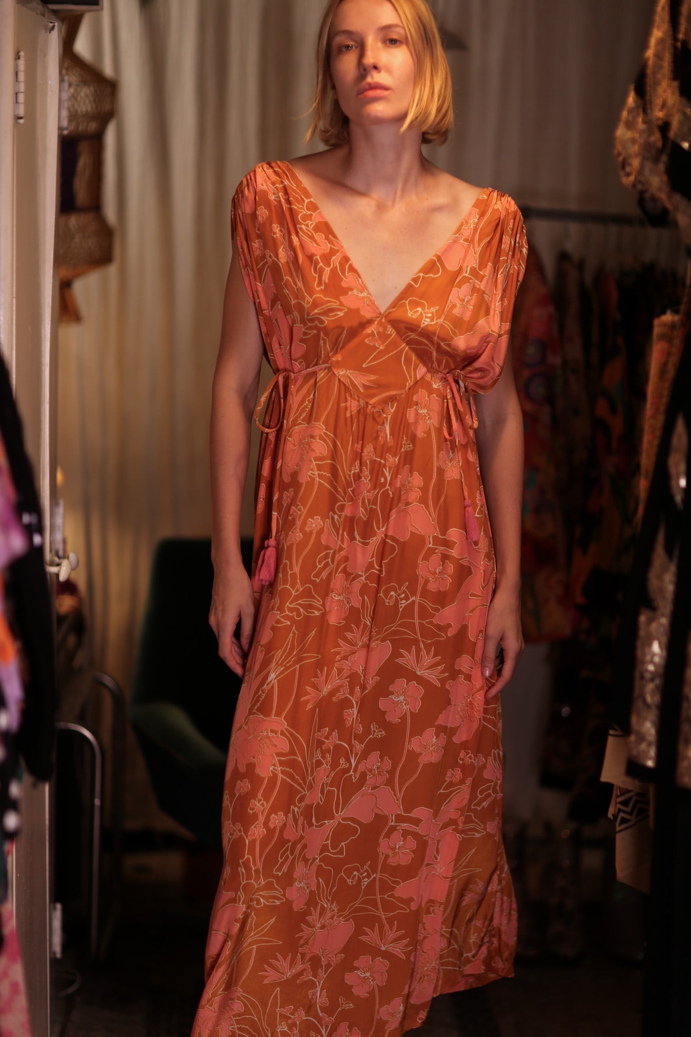 VICTORIA SILK DRESS ORANGE FLOWER - MOMO STUDIO BERLIN - Berlin Concept Store - sustainable & ethical fashion