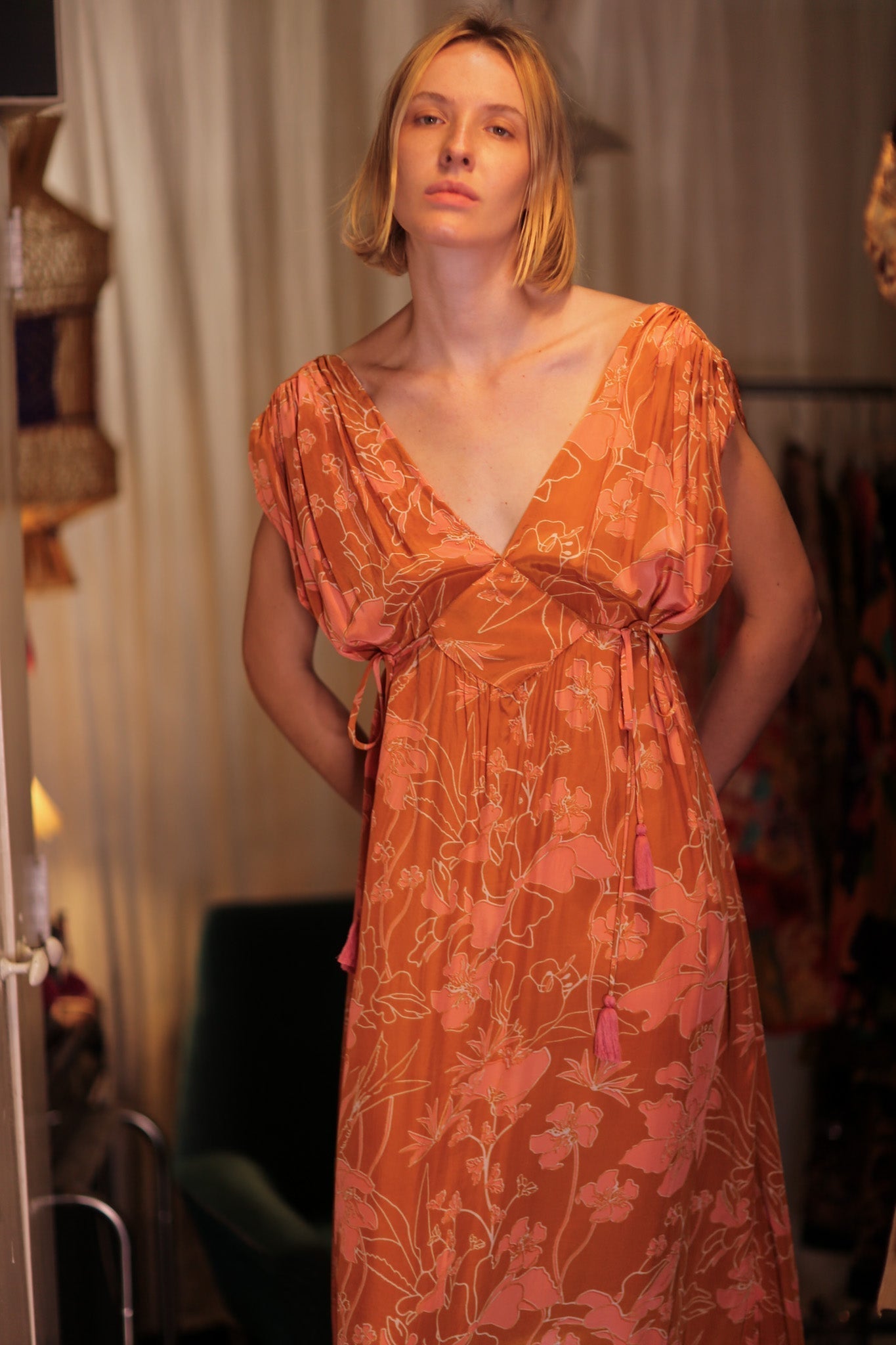VICTORIA SILK DRESS ORANGE FLOWER - MOMO STUDIO BERLIN - Berlin Concept Store - sustainable & ethical fashion