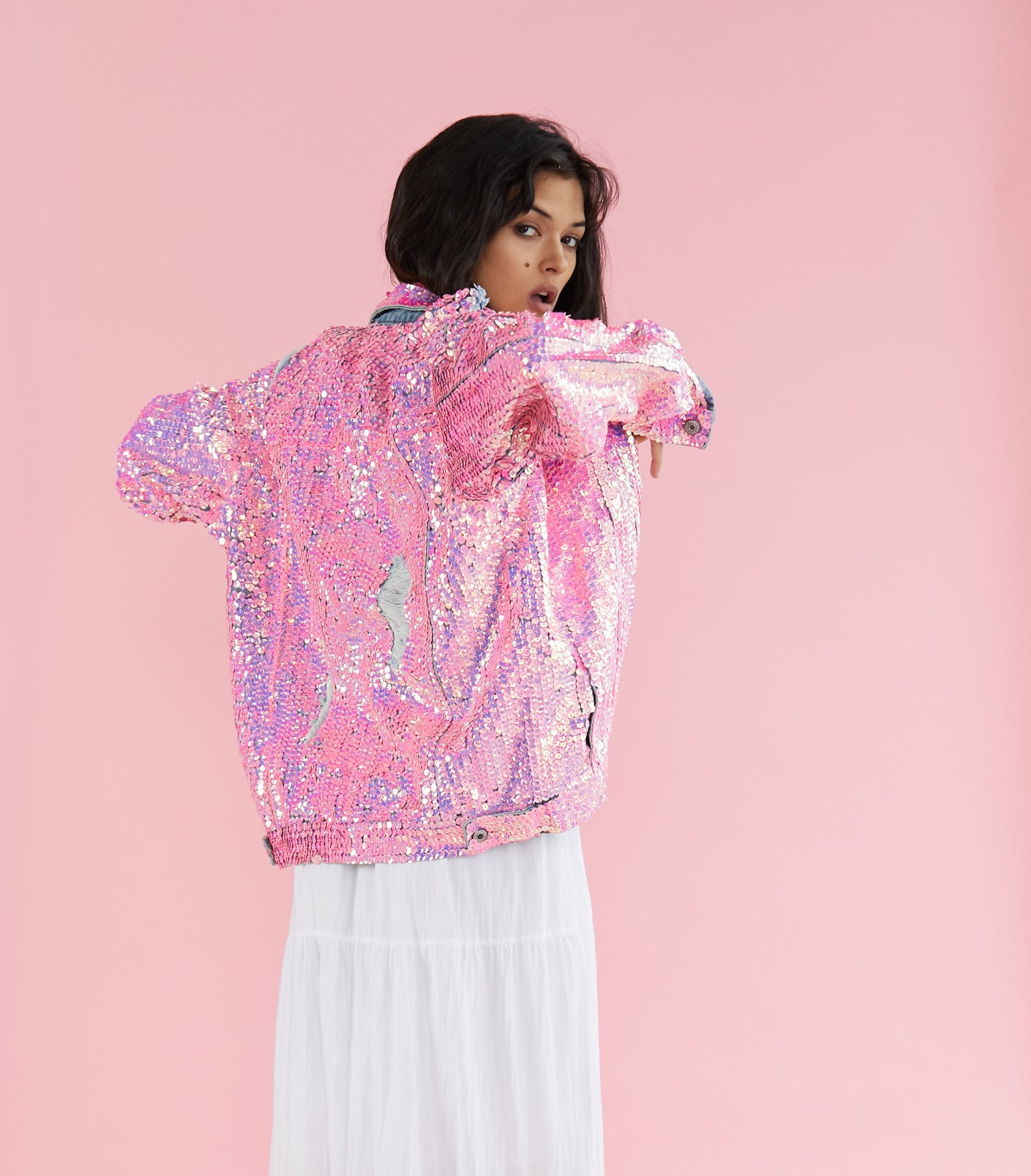 Pink Sequin Denim Jacket Demi
