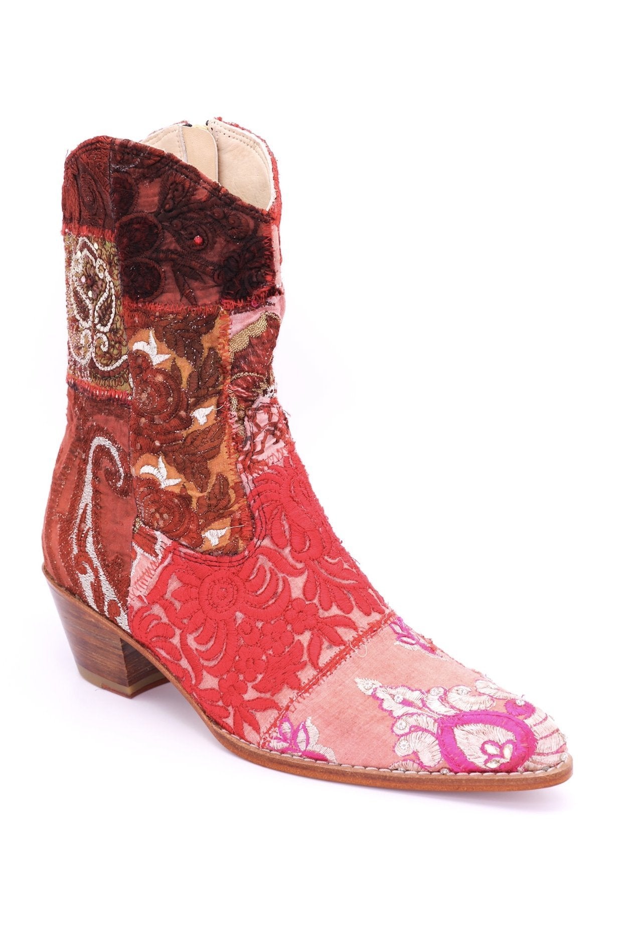 EMBROIDERED PATCHWORK ANKLE BOOTS GINALYN (RED) - MOMO NEW YORK