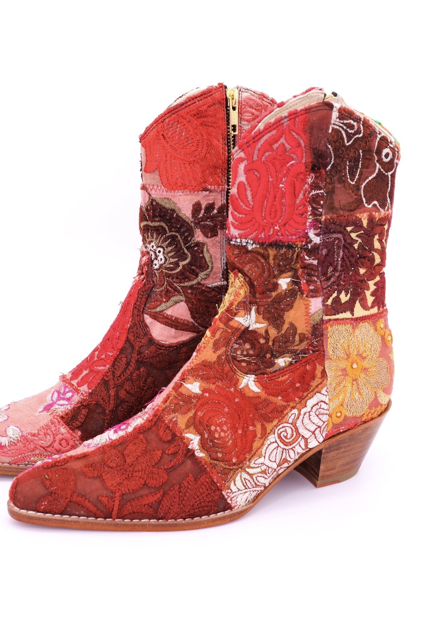 EMBROIDERED PATCHWORK ANKLE BOOTS GINALYN (RED) - MOMO NEW YORK