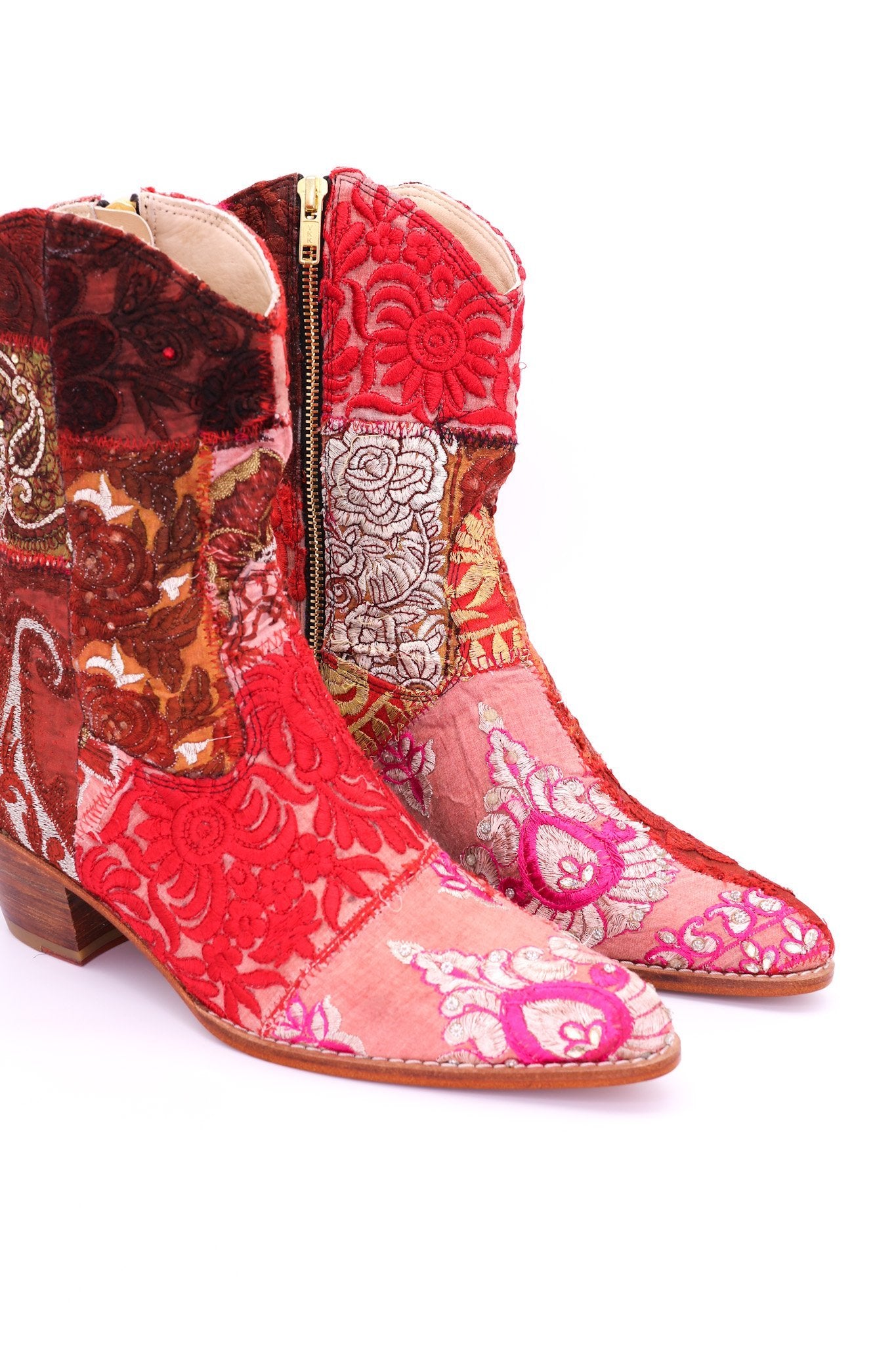 EMBROIDERED PATCHWORK ANKLE BOOTS GINALYN (RED) - MOMO NEW YORK