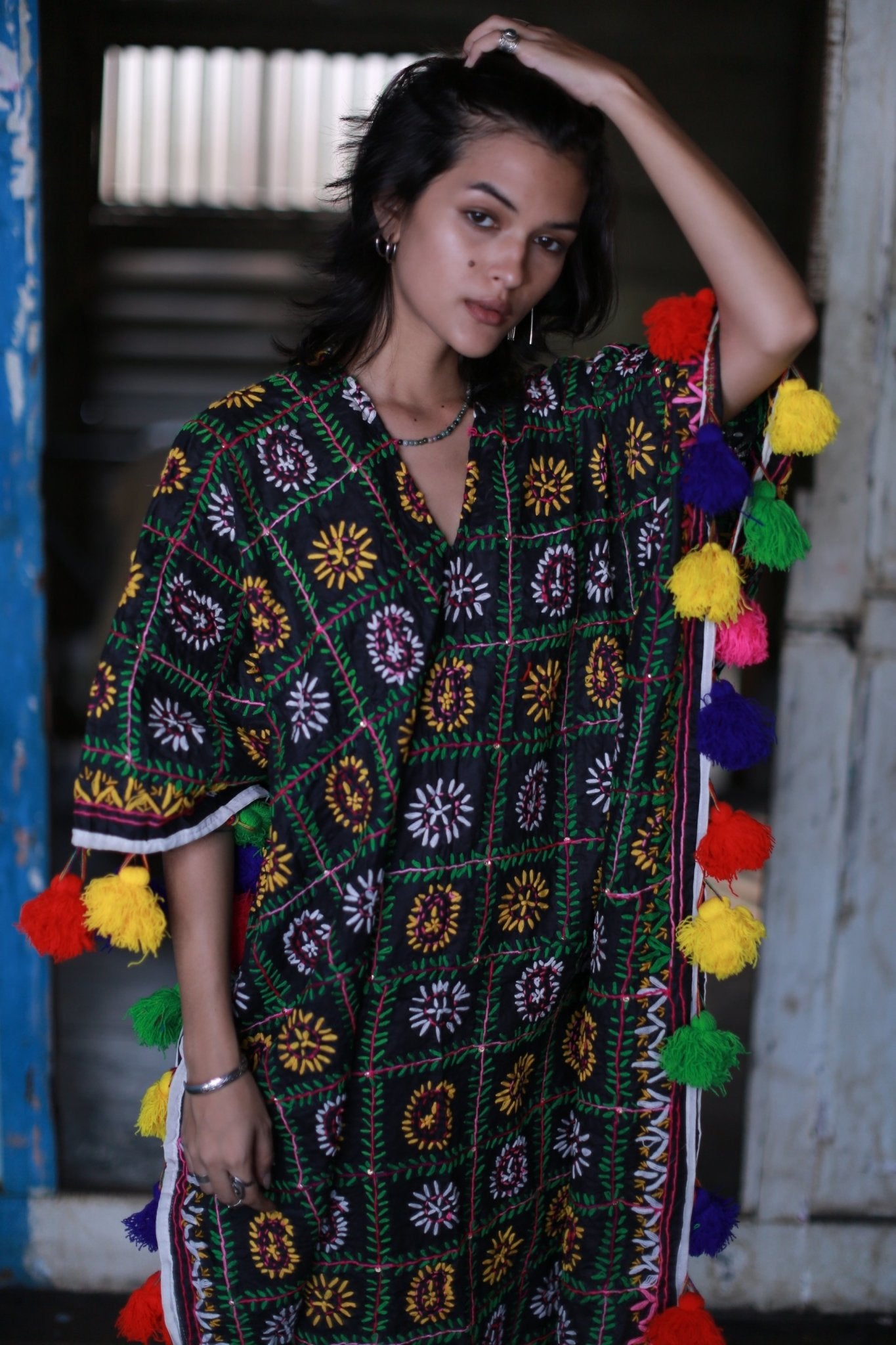 EMBROIDERED POM POM KAFTAN DRESS SIMPY MOMO NEW YORK