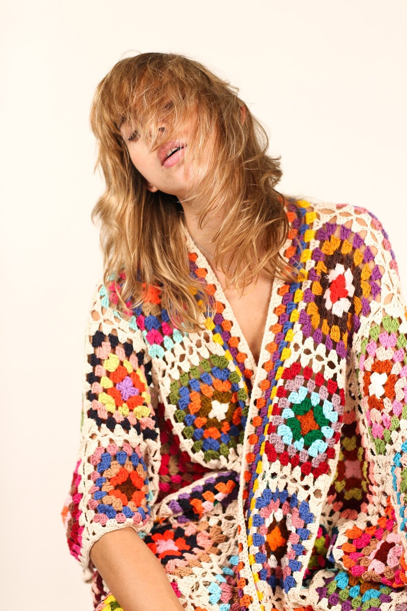 HAND CROCHET KAFTAN NONI X FREE PEOPLE - sustainably made MOMO NEW YORK sustainable clothing, crochet slow fashion
