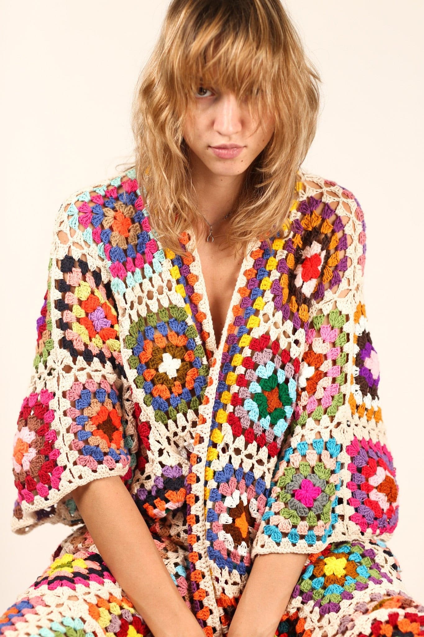HAND CROCHET KAFTAN NONI X FREE PEOPLE - sustainably made MOMO NEW YORK sustainable clothing, crochet slow fashion