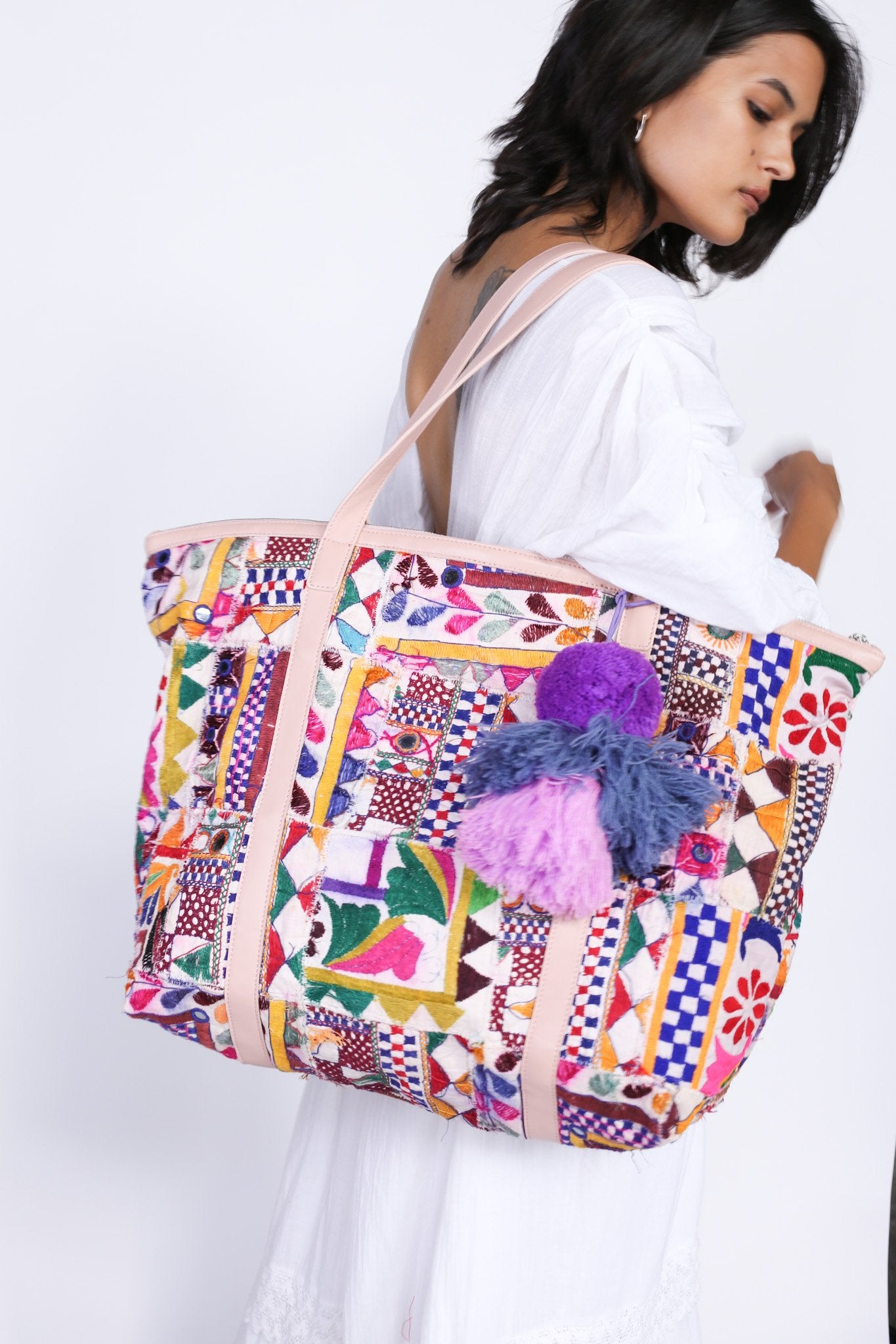 MOMONEWYORK Free People Embroidered patchwork Sustainable tote marlowe