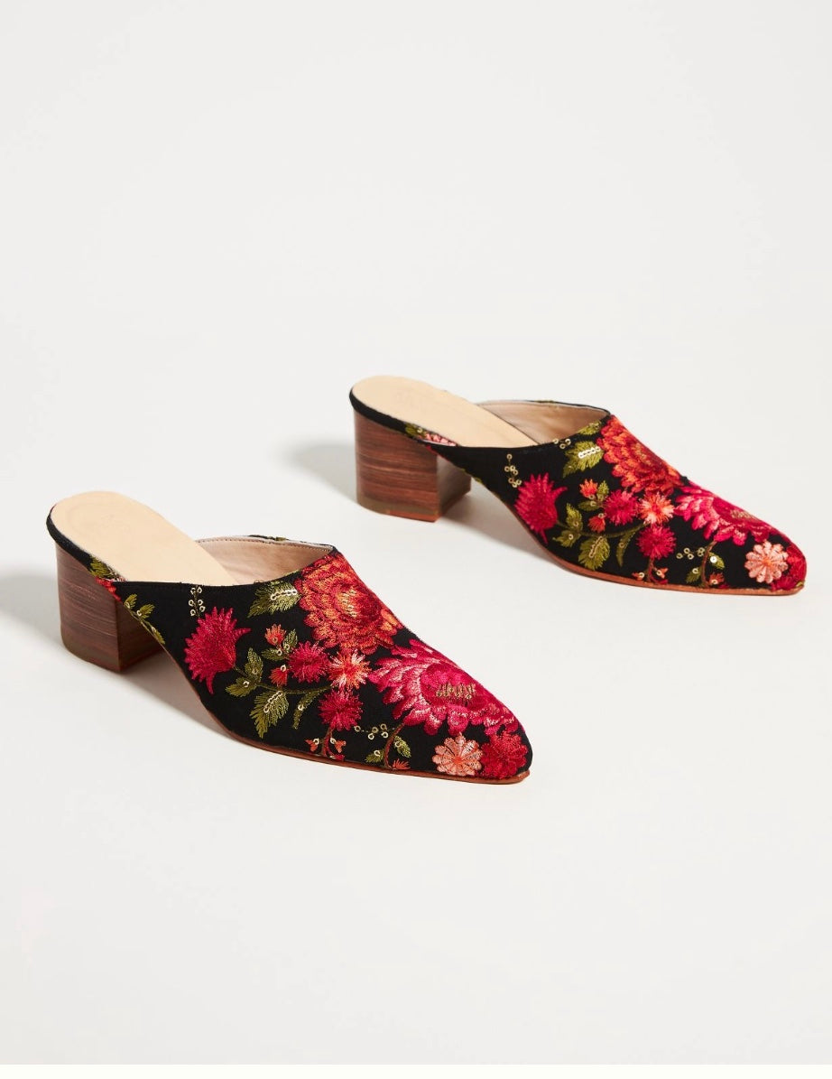 TAPESTRY EMBROIDERED HEELED MULES