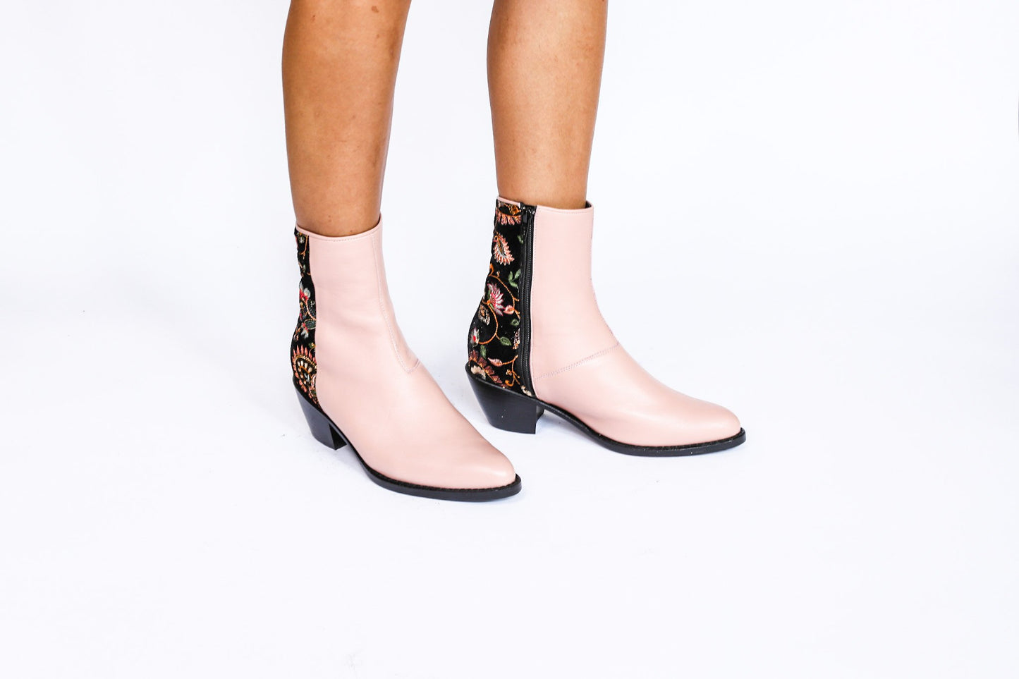 Nude/ Pink Velvet Embroidered Ankle Boots Sophie