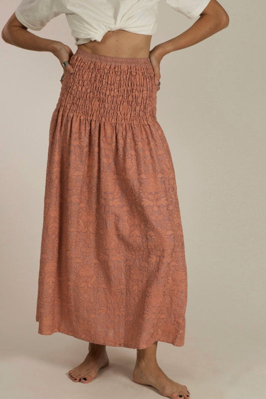 PEACH SILK EMBROIDERED SKIRT DRESS LISA - sustainably made MOMO NEW YORK sustainable clothing, dress slow fashion