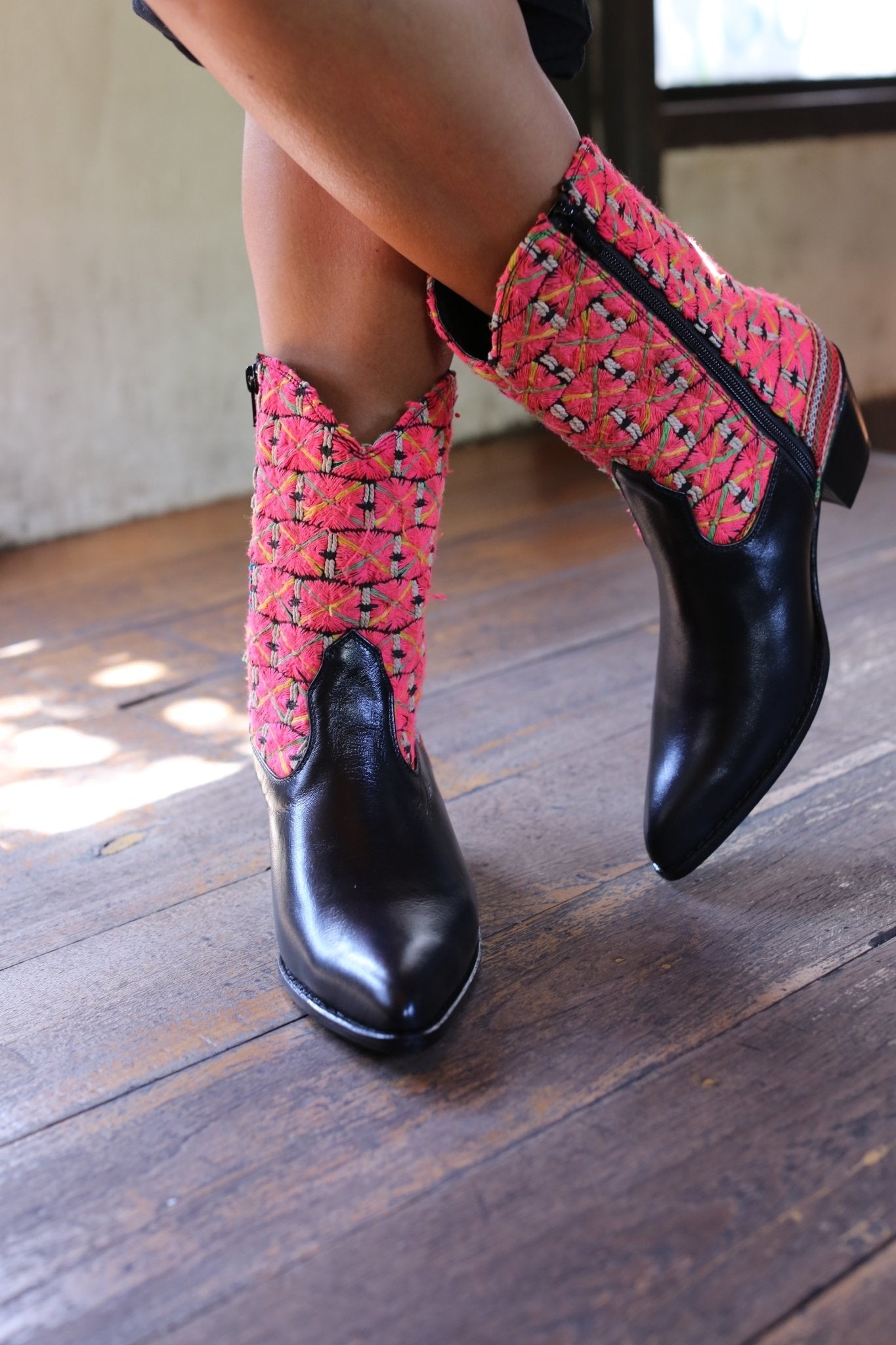 TRIBAL EMBROIDERED POINTED ANKLE BOOTS NALIA - sustainably made MOMO NEW YORK sustainable clothing, boots slow fashion