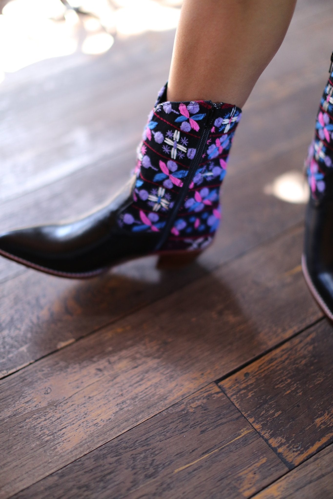 TRIBAL EMBROIDERED POINTED ANKLE BOOTS NALIA - sustainably made MOMO NEW YORK sustainable clothing, boots slow fashion