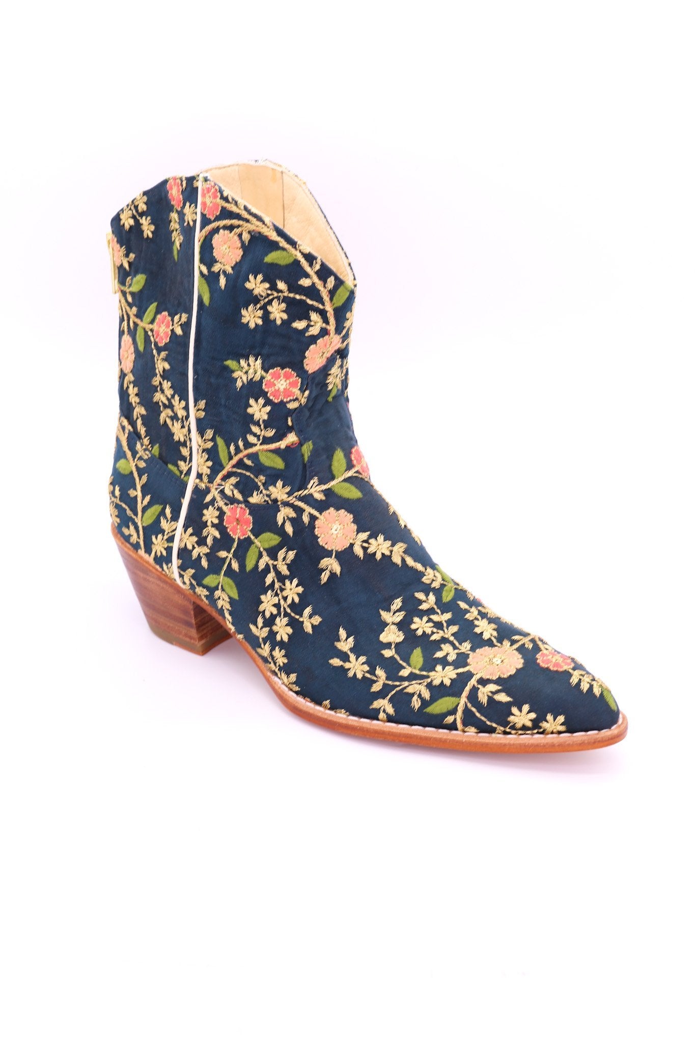 TURQUOISE EMBROIDERED SILK BOOTS ELOISE - sustainably made MOMO NEW YORK sustainable clothing, boots slow fashion