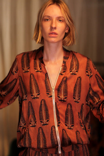 SILK BOMBER JACKET ANCHA BROWN LEAFES