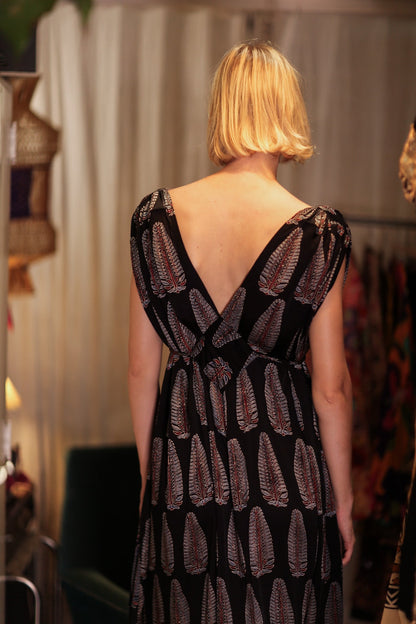 VICTORIA SILK DRESS BLACK FEATHER