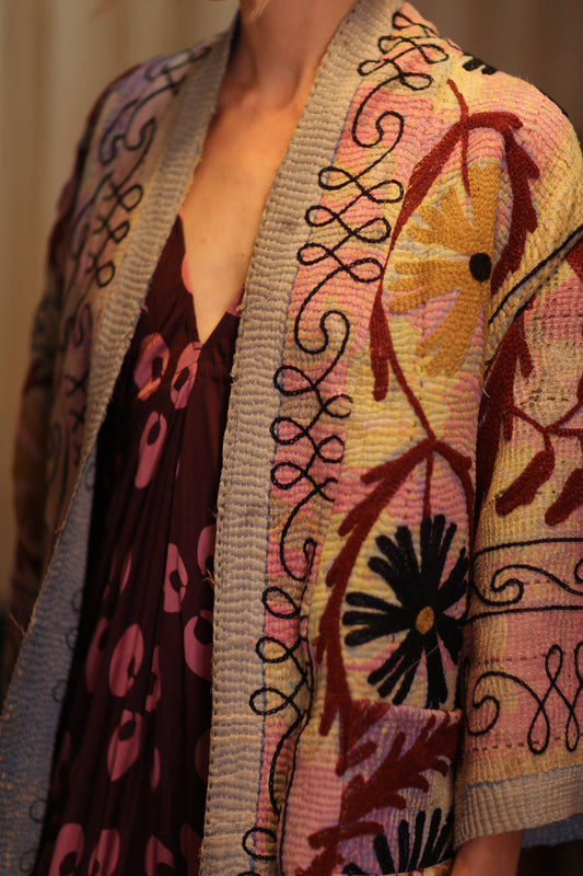 EMBROIDERED KANTHA KIMONO MONTY RED WINE