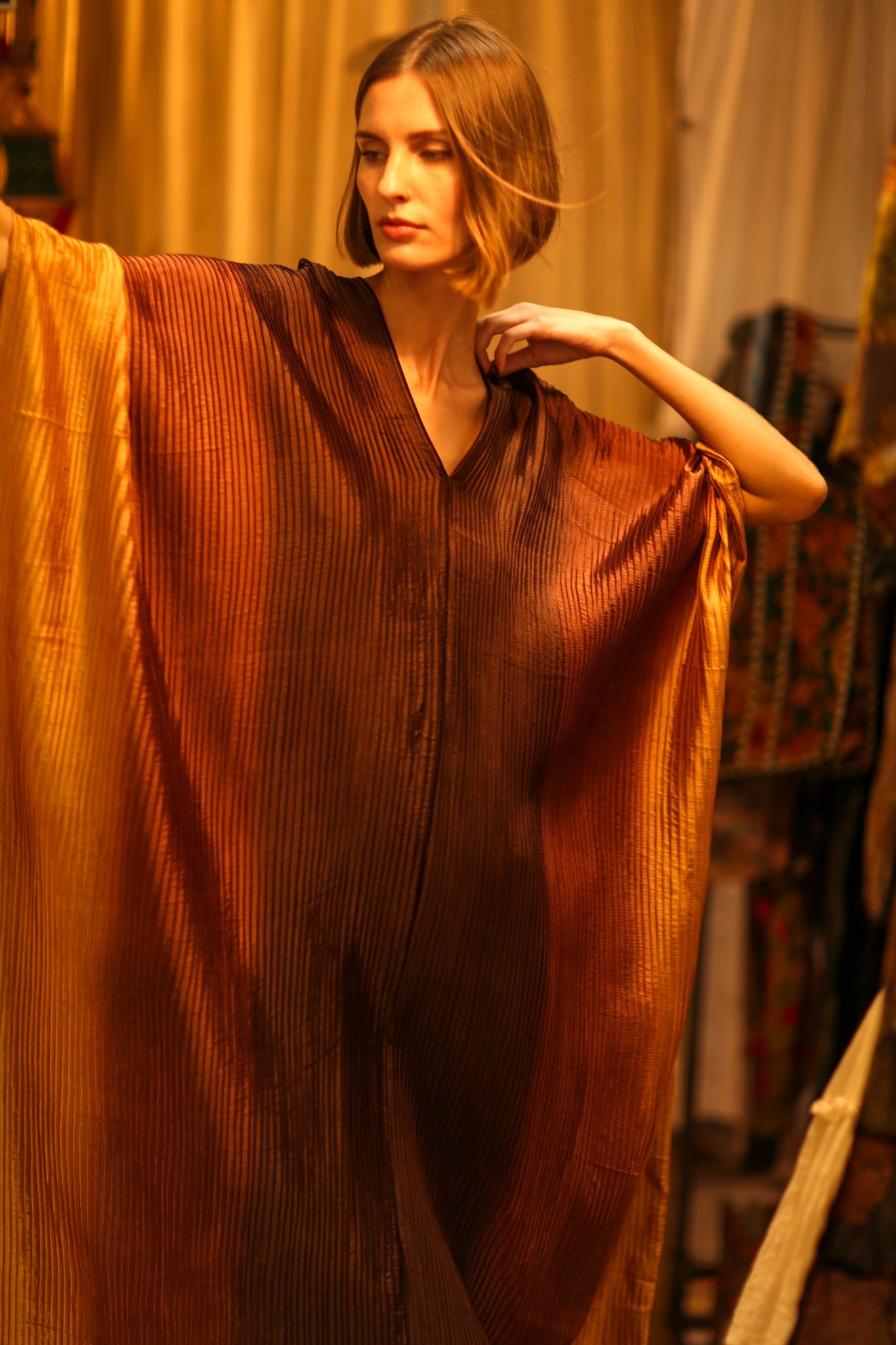 PLEATED SUNSET SILK KAFTAN