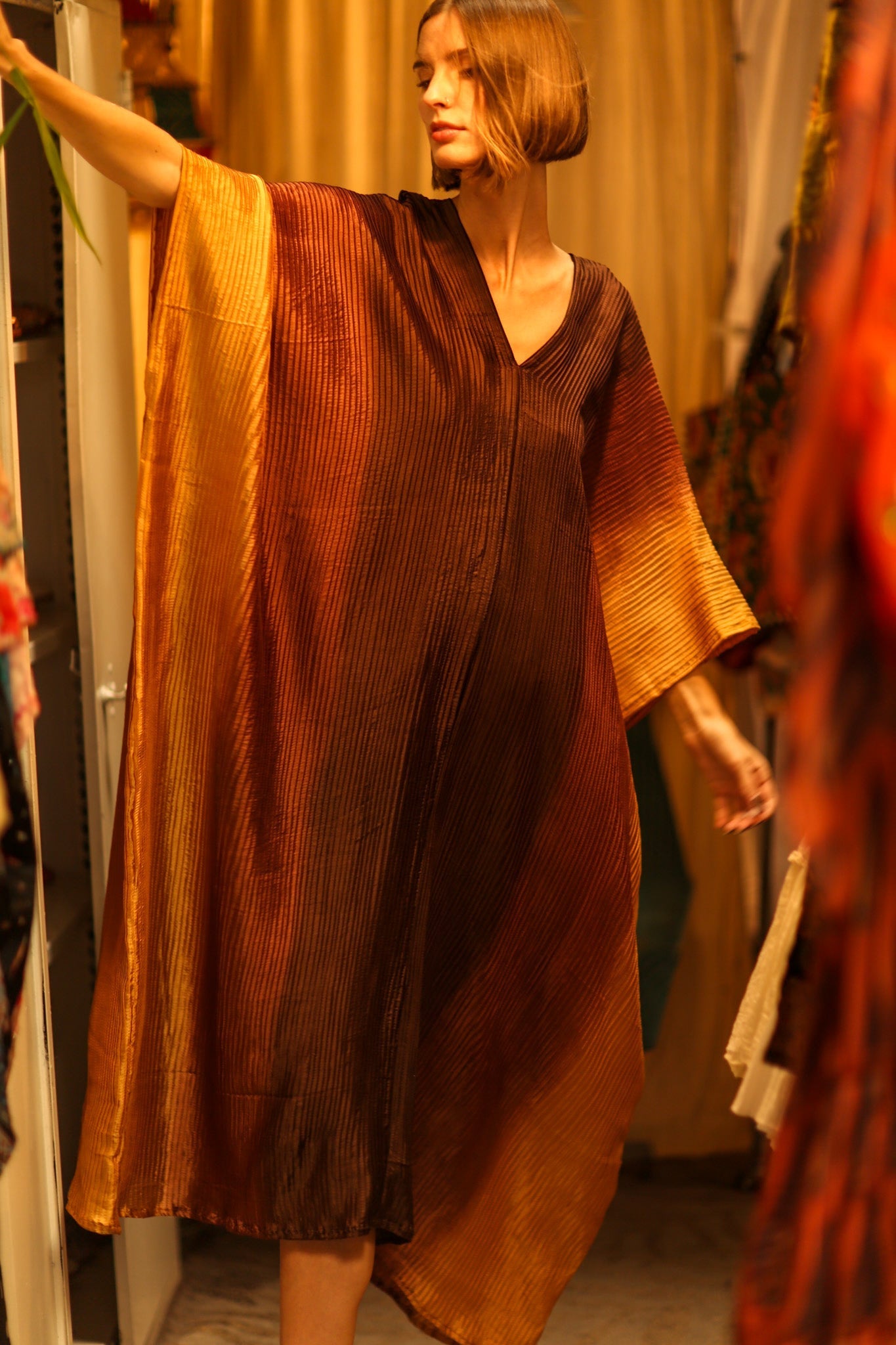 PLEATED SUNSET SILK KAFTAN