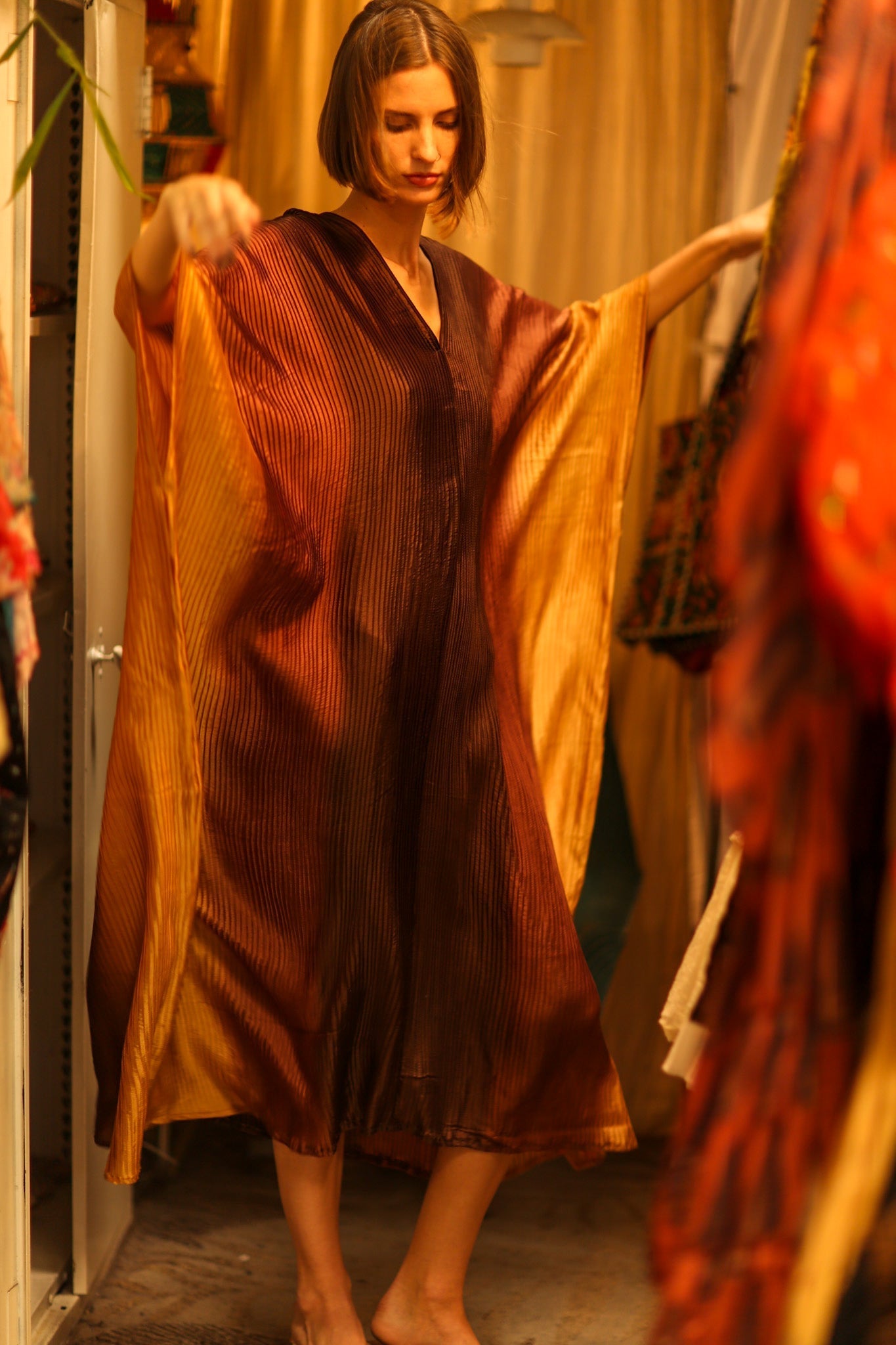 PLEATED SUNSET SILK KAFTAN