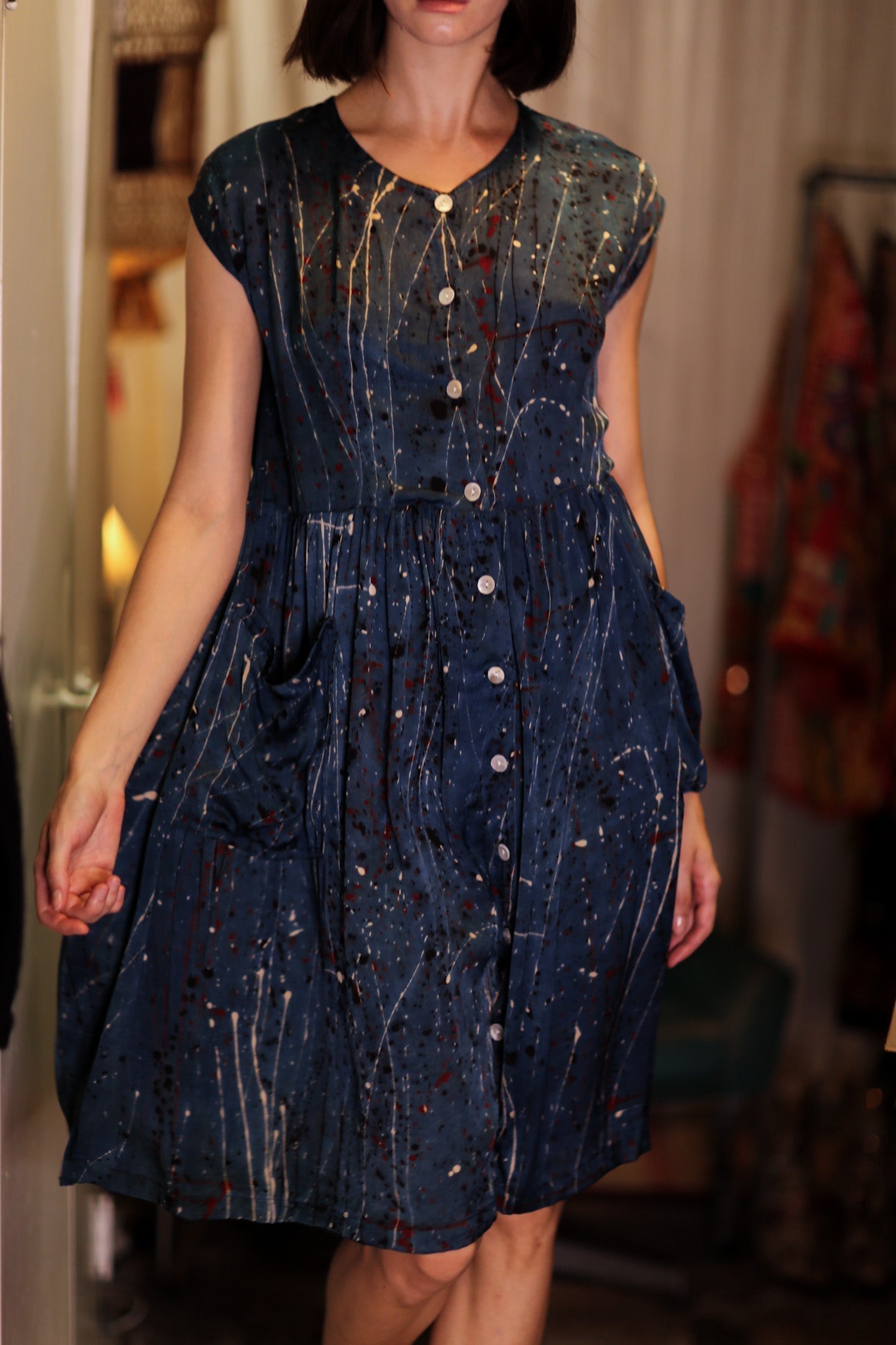 EDITH SILK DRESS BLUE PAINTER - MOMO STUDIO BERLIN - Berlin Concept Store - sustainable & ethical fashion