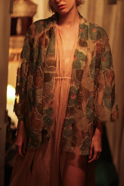 FLO SEQUINED EMBROIDERED SHORT KIMONO BLUE - MOMO STUDIO BERLIN - Berlin Concept Store - sustainable & ethical fashion
