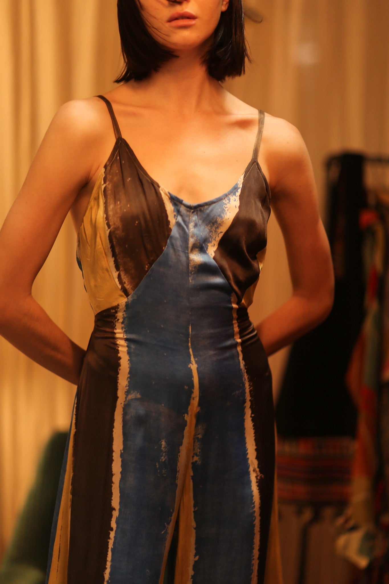 SILK JUMPSUIT NEIS BLUE BROWN STRIPE - MOMO STUDIO BERLIN - Berlin Concept Store - sustainable & ethical fashion