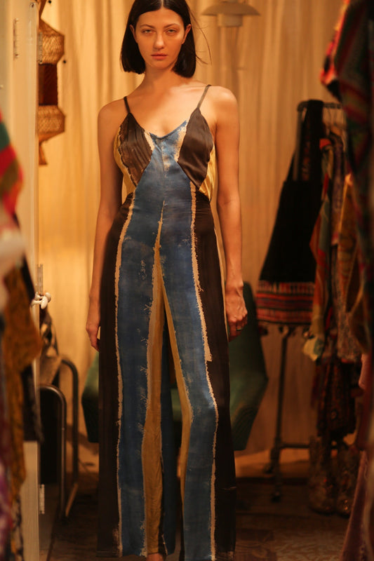 SILK JUMPSUIT NEIS BLUE BROWN STRIPE - MOMO STUDIO BERLIN - Berlin Concept Store - sustainable & ethical fashion