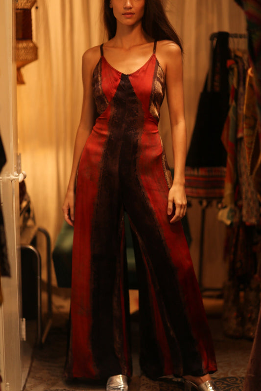 SILK JUMPSUIT NEIS RED BROWN STRIPE - MOMO STUDIO BERLIN - Berlin Concept Store - sustainable & ethical fashion